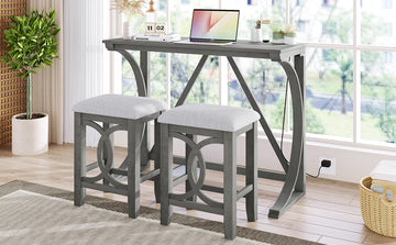 Farmhouse 3 Piece Counter Height Dining Table Set With Usb Port And Upholstered Stools,Gray Gray Wood Dining Room Solid Wood Rubberwood Rectangular Wood Wood Gray Seats 2 Farmhouse Trestle Foam Solid Wood