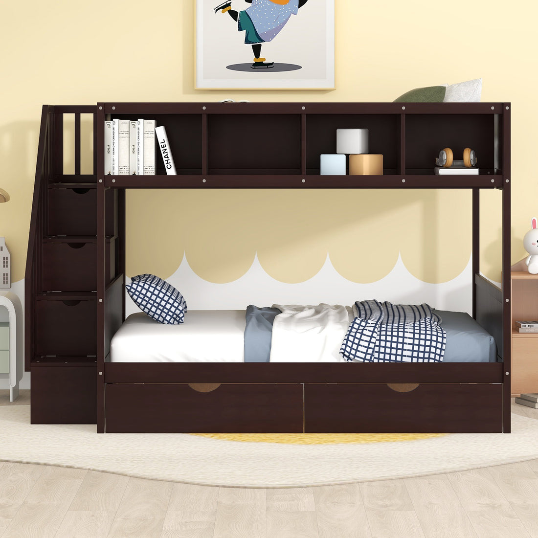 Twin Over Full Bunk Bed With Shelfs, Storage Staircase And 2 Drawers, Espresso Espresso Solid Wood Mdf