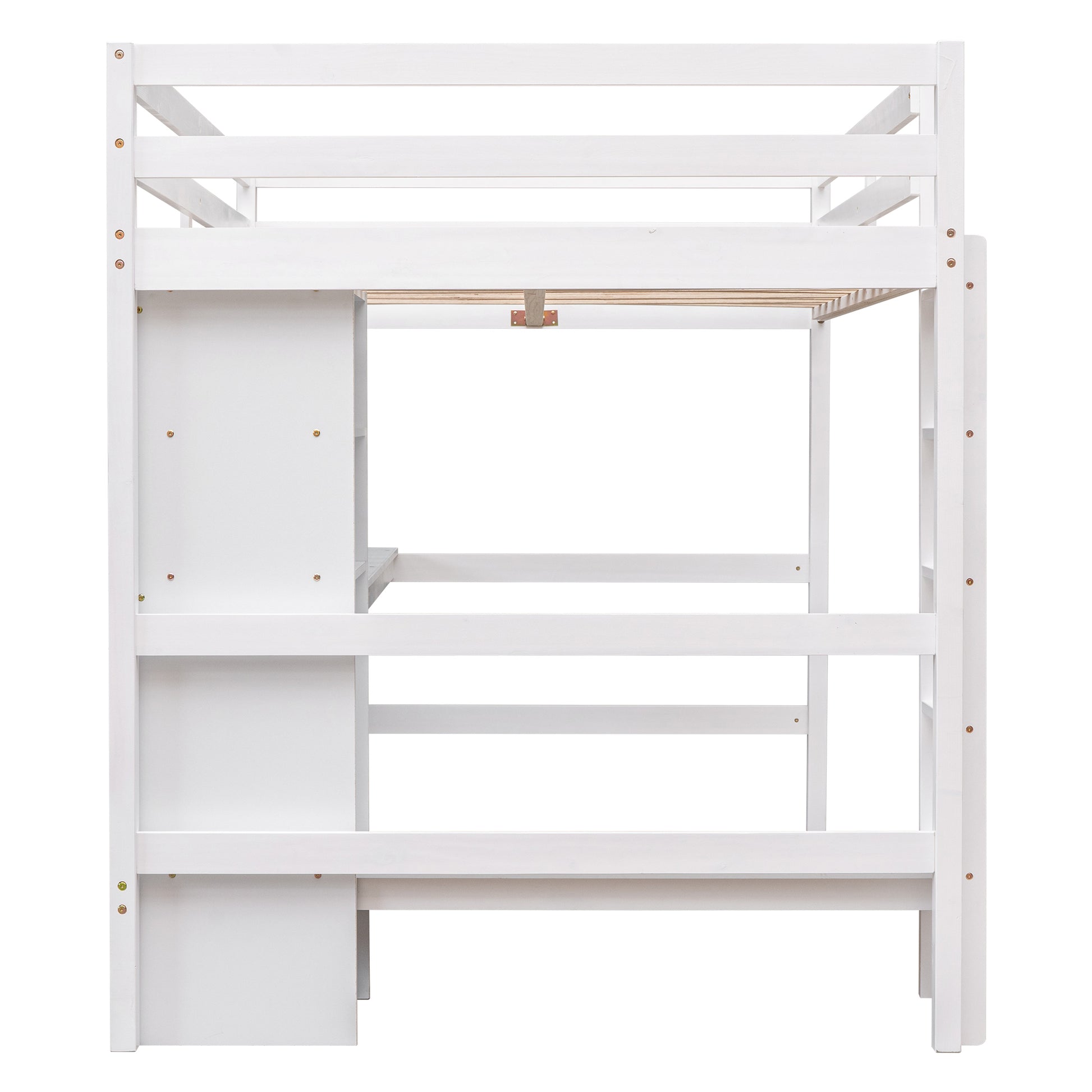 Full Size Loft Bed With Multifunction Shelves And Under Bed Desk, White White Pine