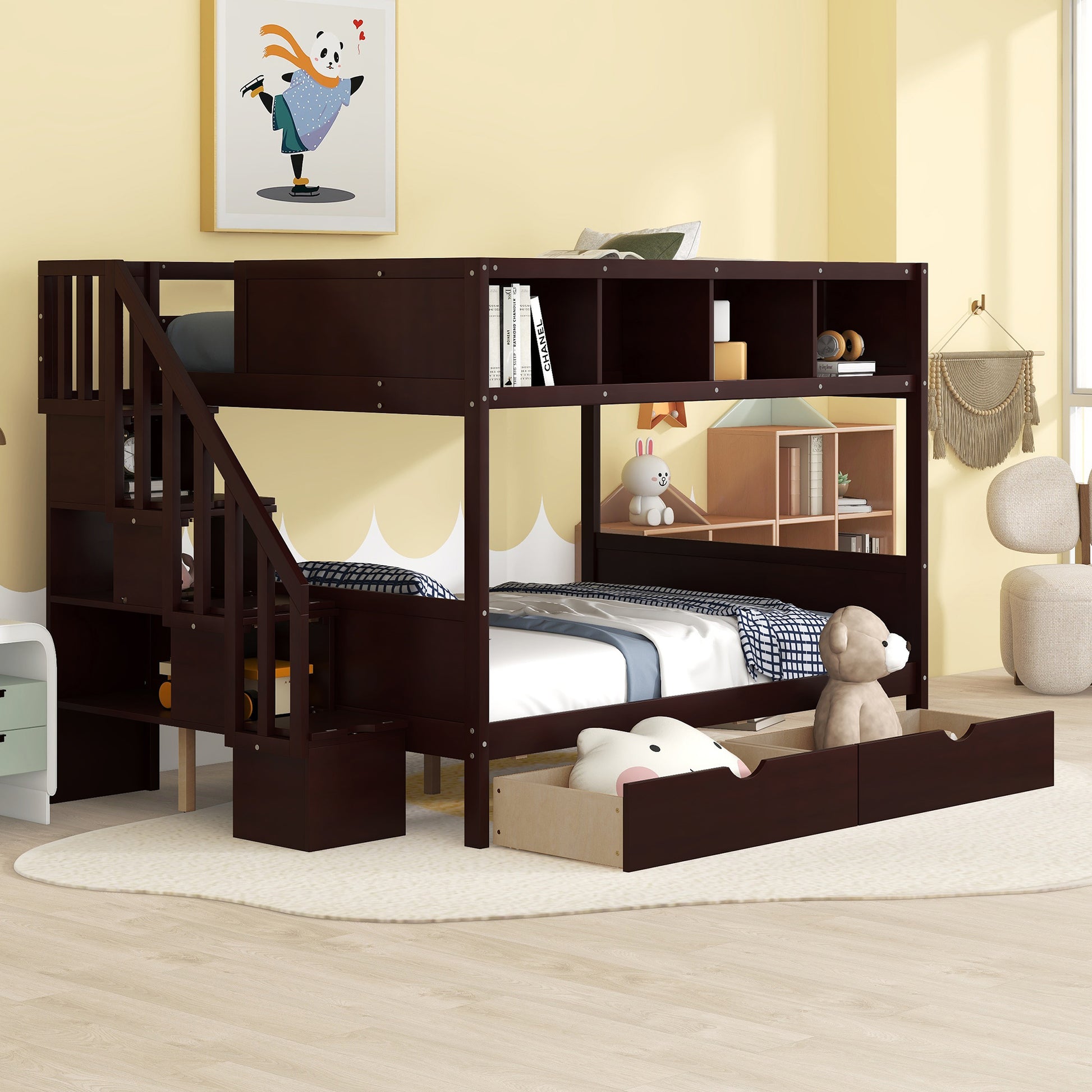 Twin Over Full Bunk Bed With Shelfs, Storage Staircase And 2 Drawers, Espresso Espresso Solid Wood Mdf