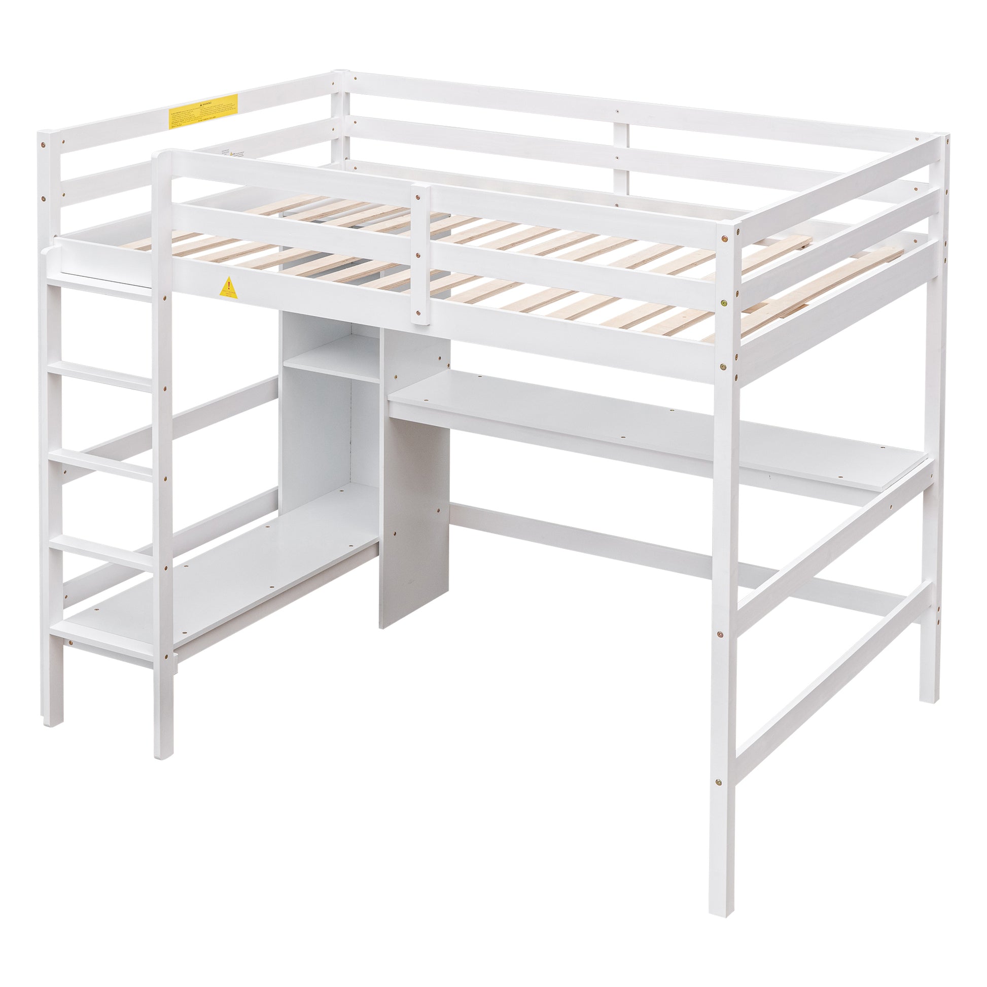 Full Size Loft Bed With Multifunction Shelves And Under Bed Desk, White White Pine