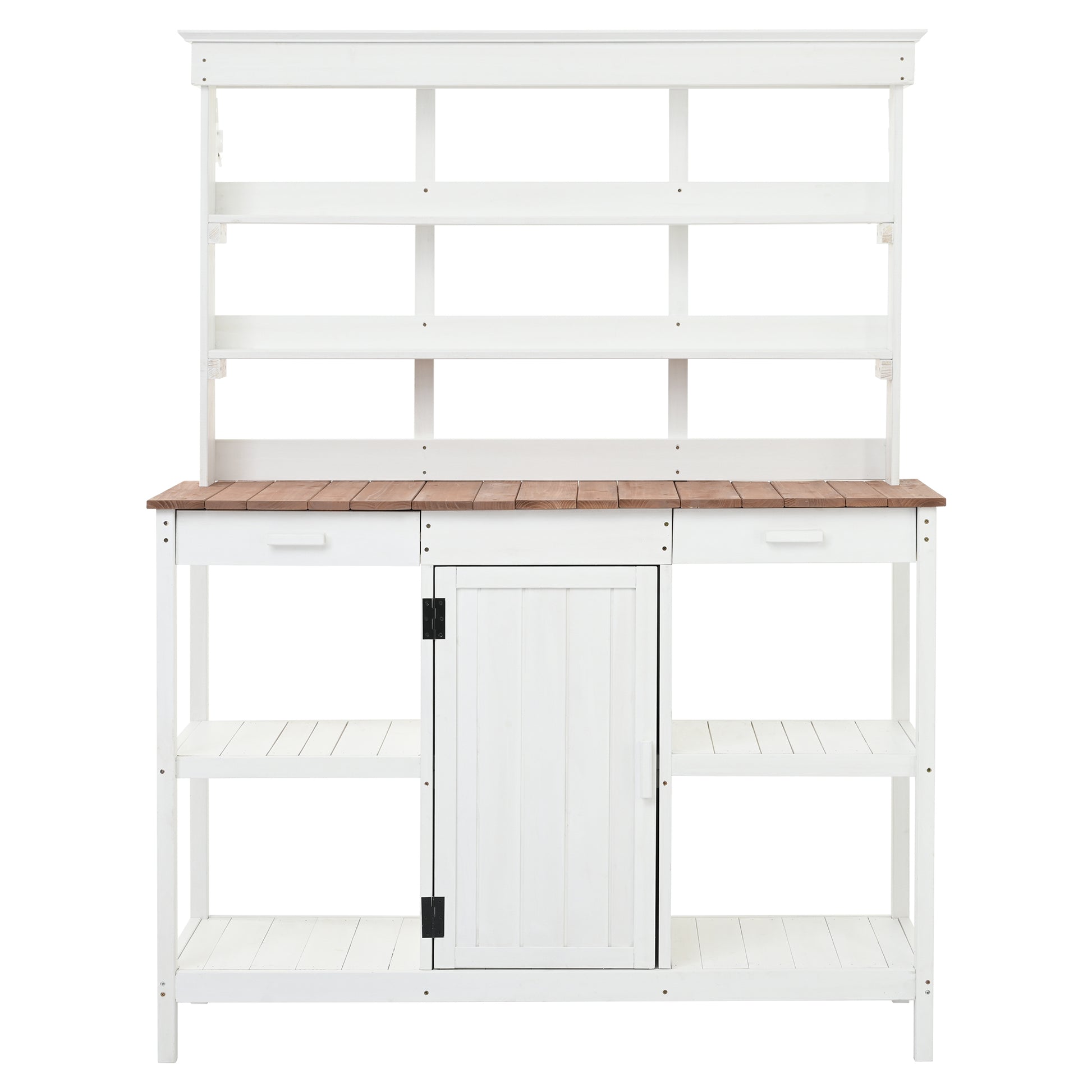 66" Large Outdoor Farmhouse Wooden Potting Bench Table, Garden Workstation With 2 Drawers, Cabinet And Open Shelves For Backyard, Mudroom, White White Garden & Outdoor Casual Wood Solid Wood