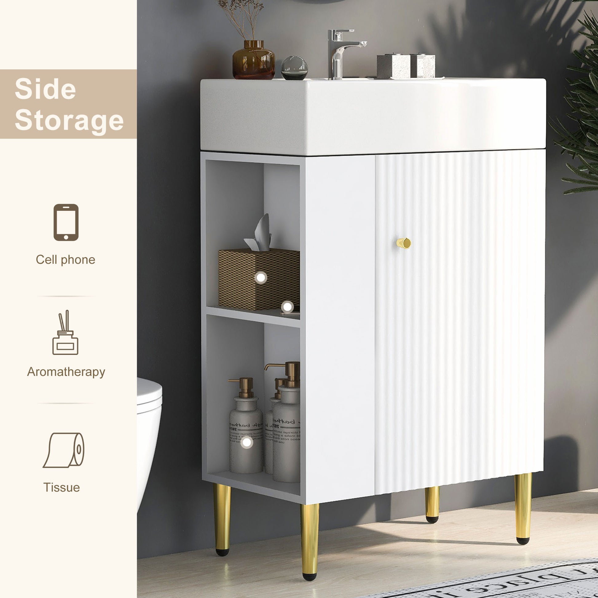 21.6" White Bathroom Vanity, Combo Cabinet, Bathroom Storage Cabinet, Single Ceramic Sink, Left Side Storage White Ceramic Mdf