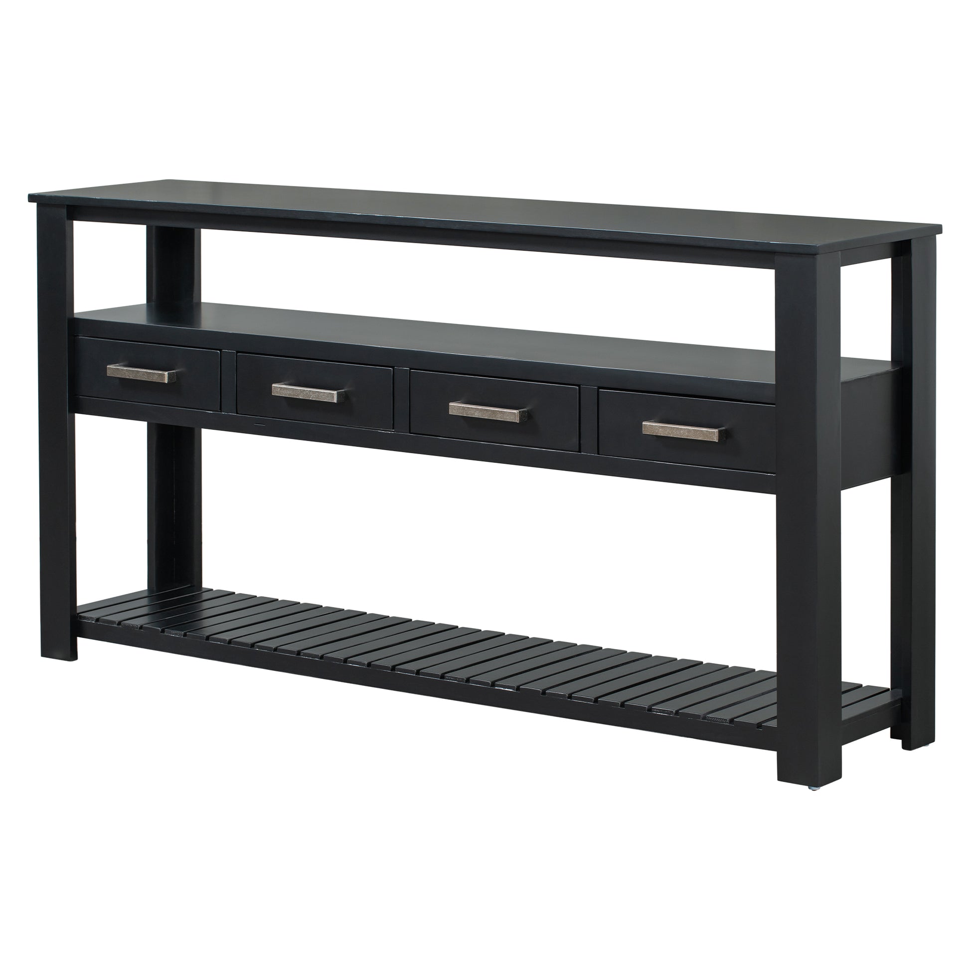 62.2'' Modern Console Table Sofa Table For Living Room With 4 Drawers And 2 Shelves Black Solid Wood Mdf