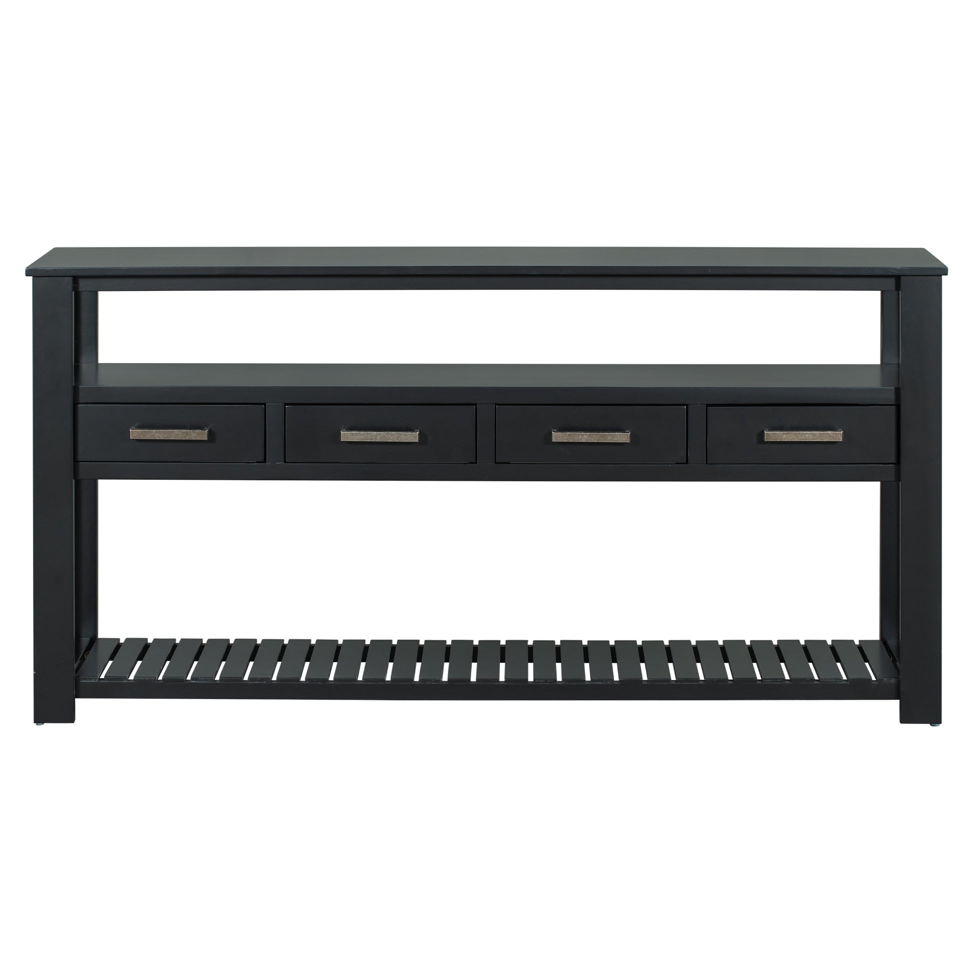 62.2'' Modern Console Table Sofa Table For Living Room With 4 Drawers And 2 Shelves Black Solid Wood Mdf