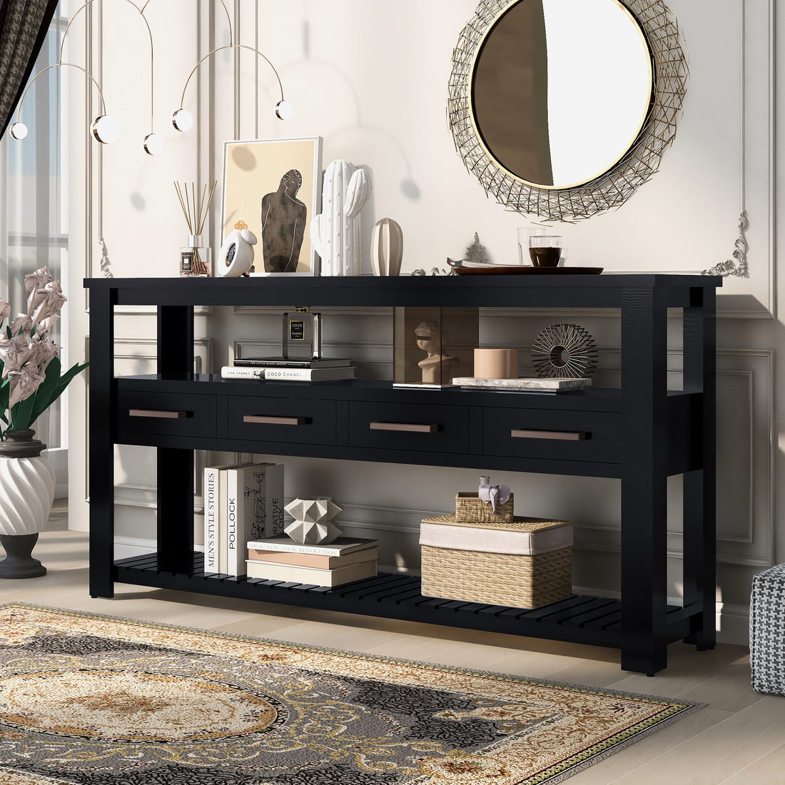 62.2'' Modern Console Table Sofa Table For Living Room With 4 Drawers And 2 Shelves Black Solid Wood Mdf