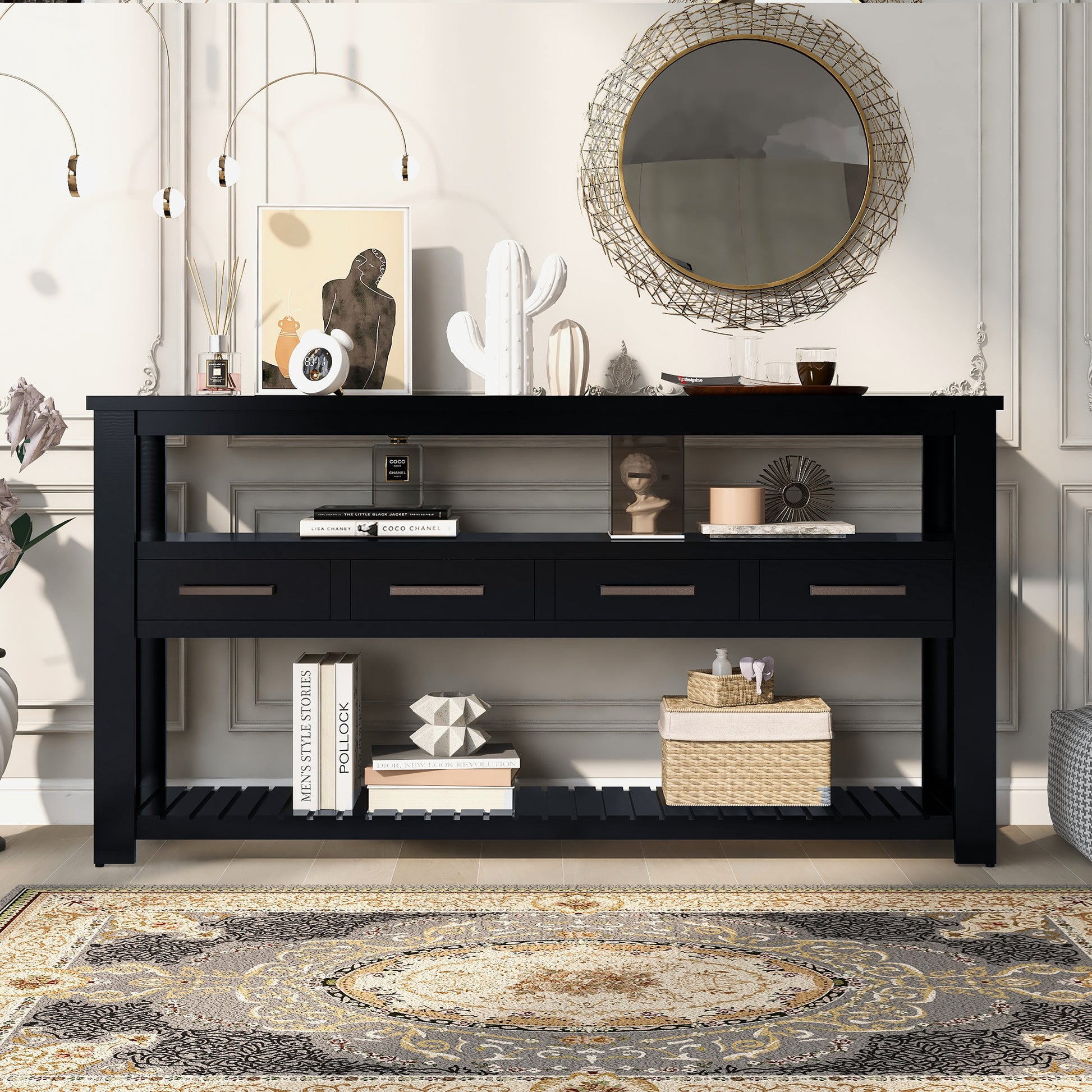 62.2'' Modern Console Table Sofa Table For Living Room With 4 Drawers And 2 Shelves Black Solid Wood Mdf