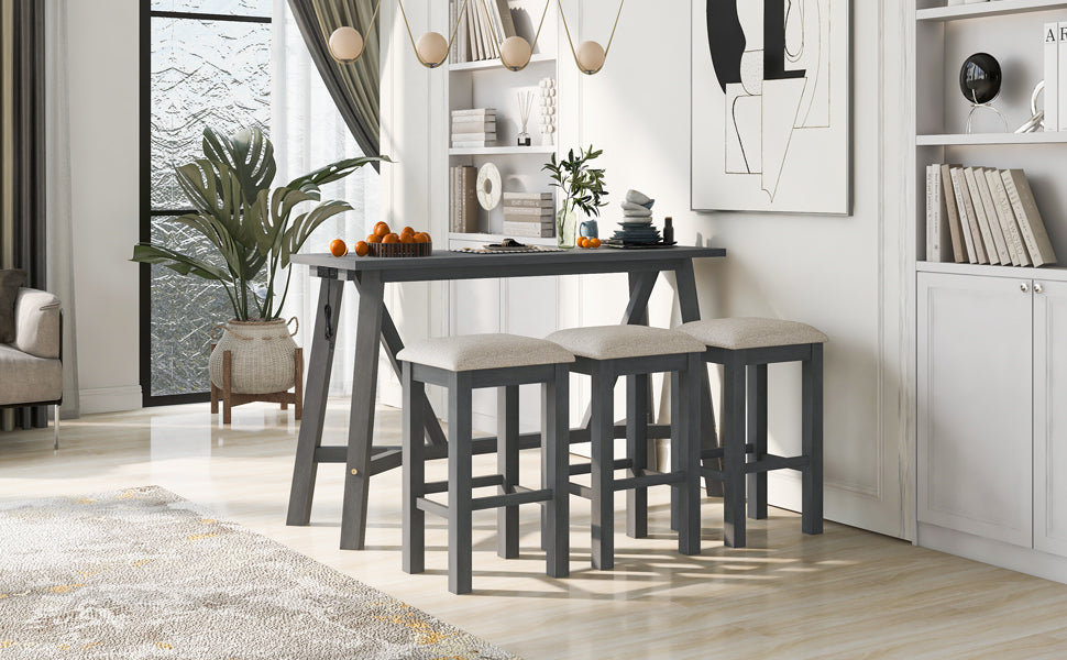 Multipurpose Home Kitchen Dining Bar Table Set With 3 Upholstered Stools Gray Gray Rubber Wood