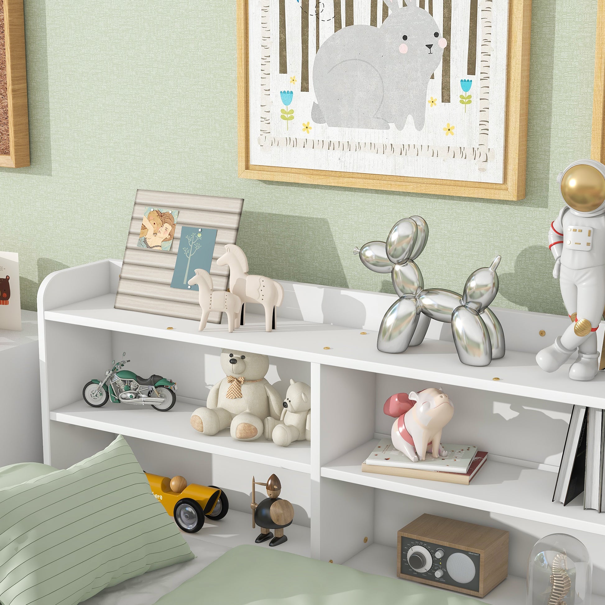 Full Bed With Side Bookcase, Drawers,White White Pine