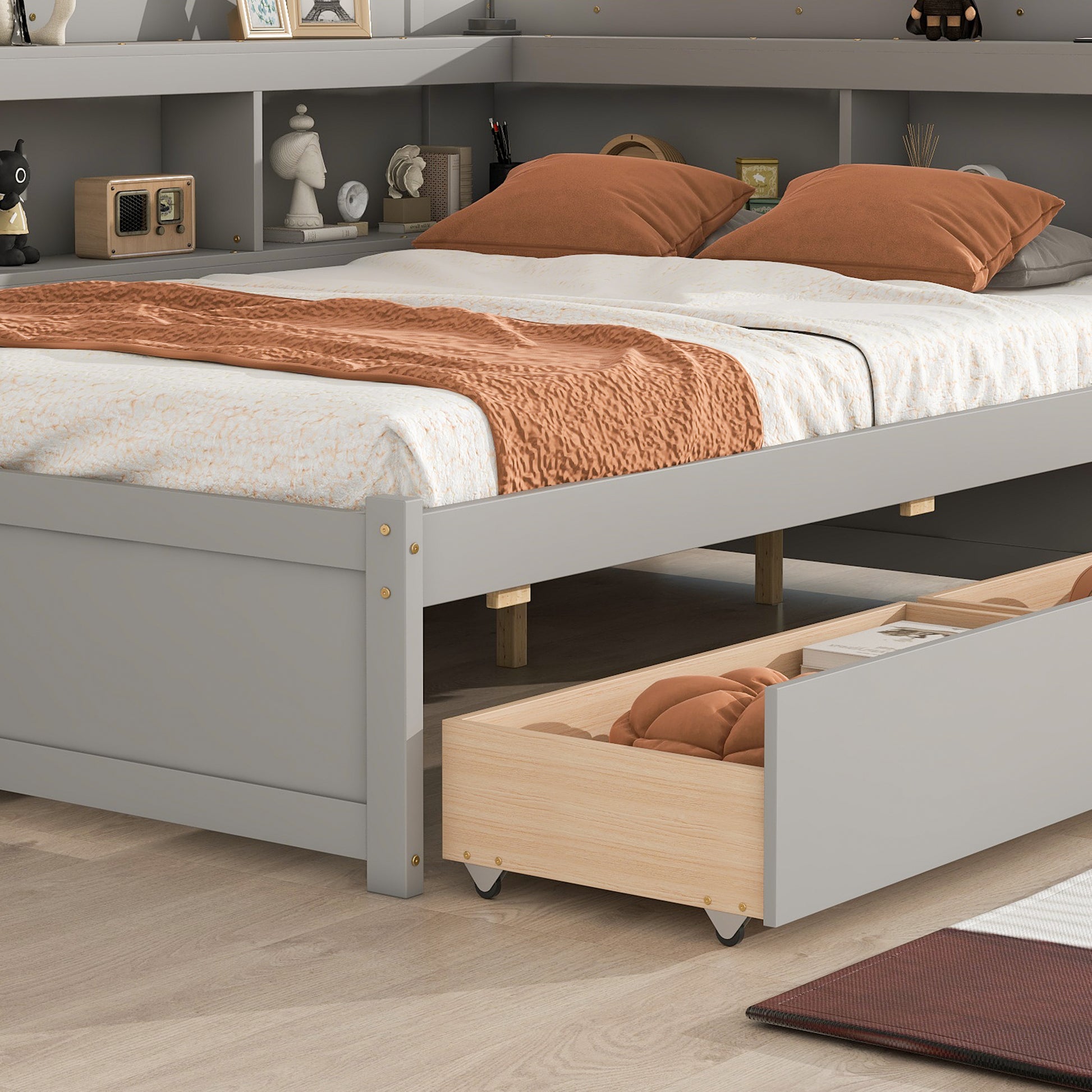 Full Bed With L Shaped Bookcases, Drawers ,Grey Full Grey Pine