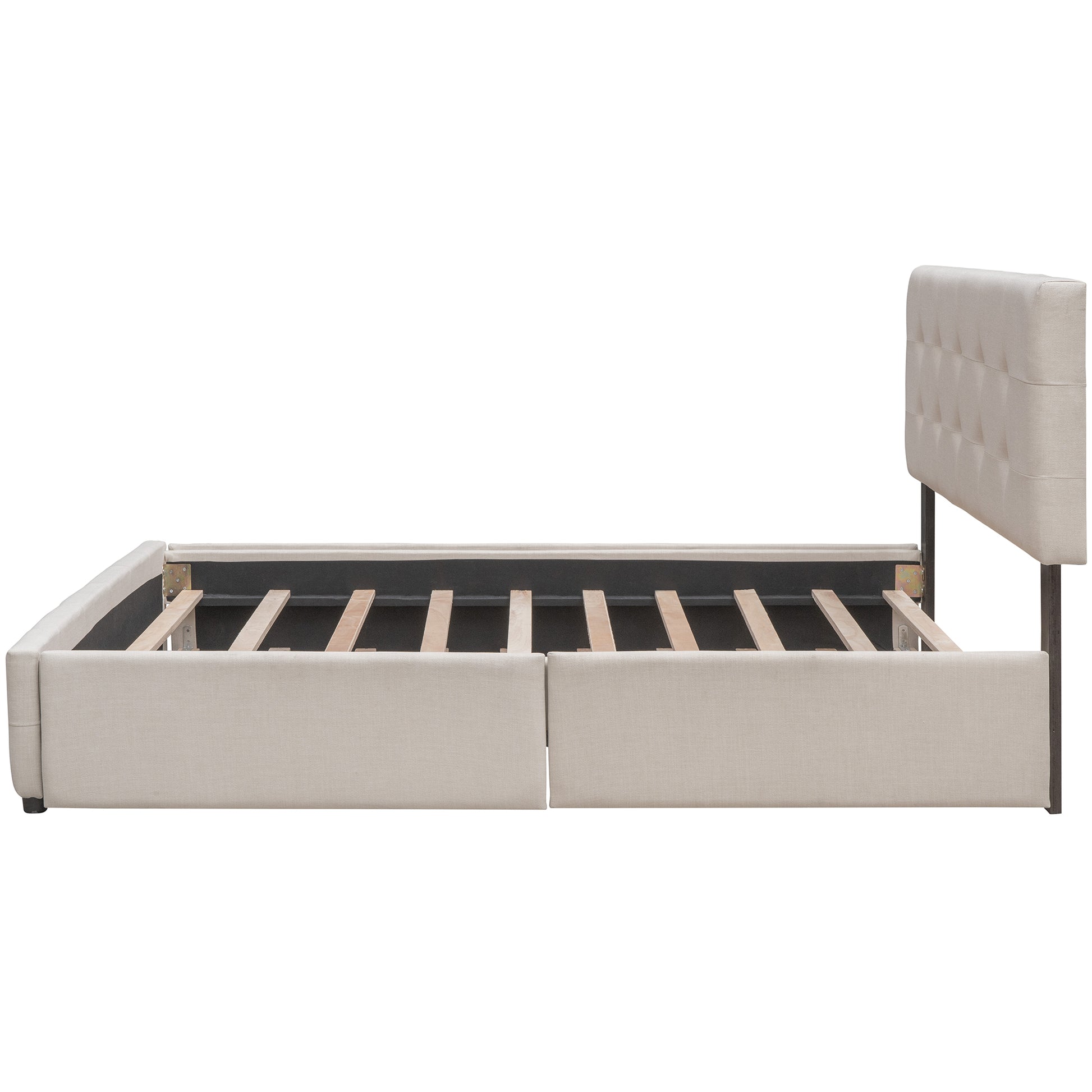 Upholstered Platform Bed With 2 Drawers And 1 Twin Xl Trundle, Linen Fabric, Queen Size Dark Beige Old Sku :Lp000314Aaa Beige Upholstered