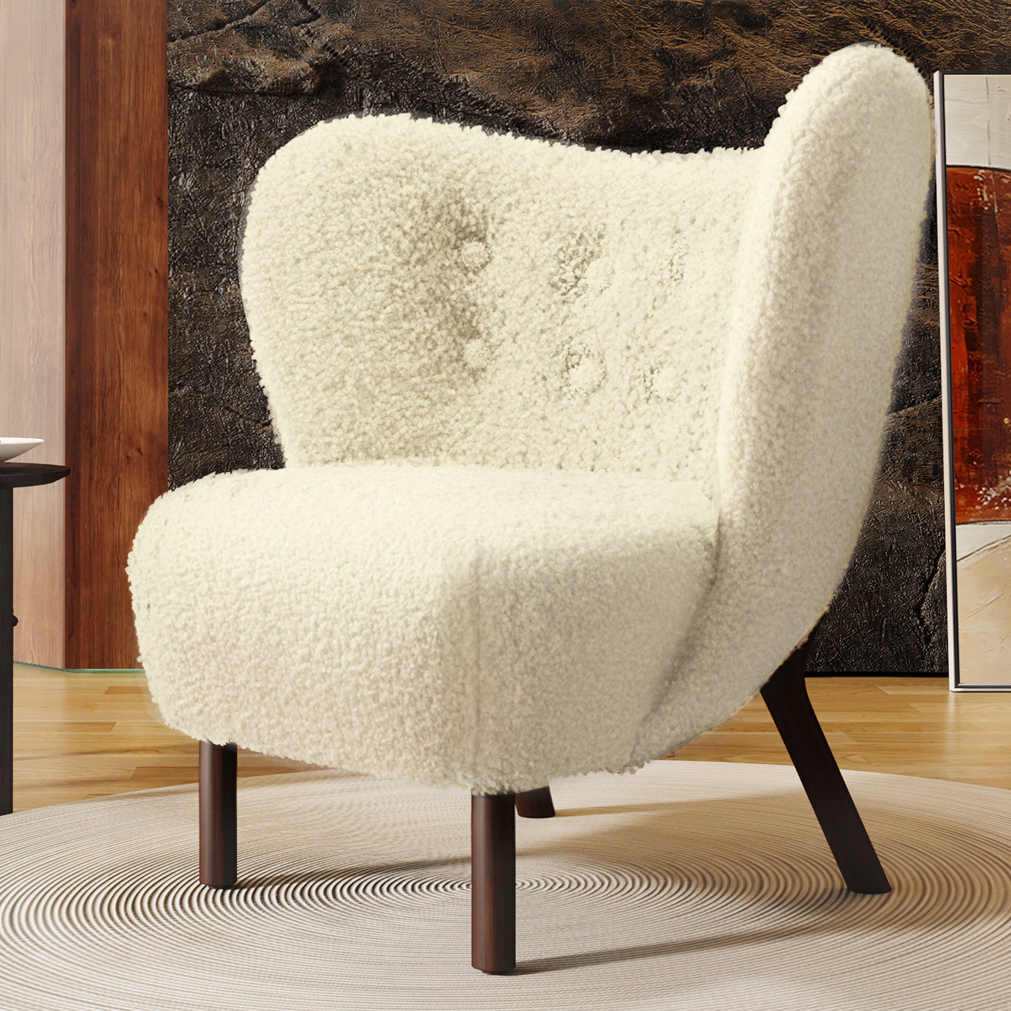 Modern Accent Chair Lambskin Sherpa Wingback Tufted cream-polyester