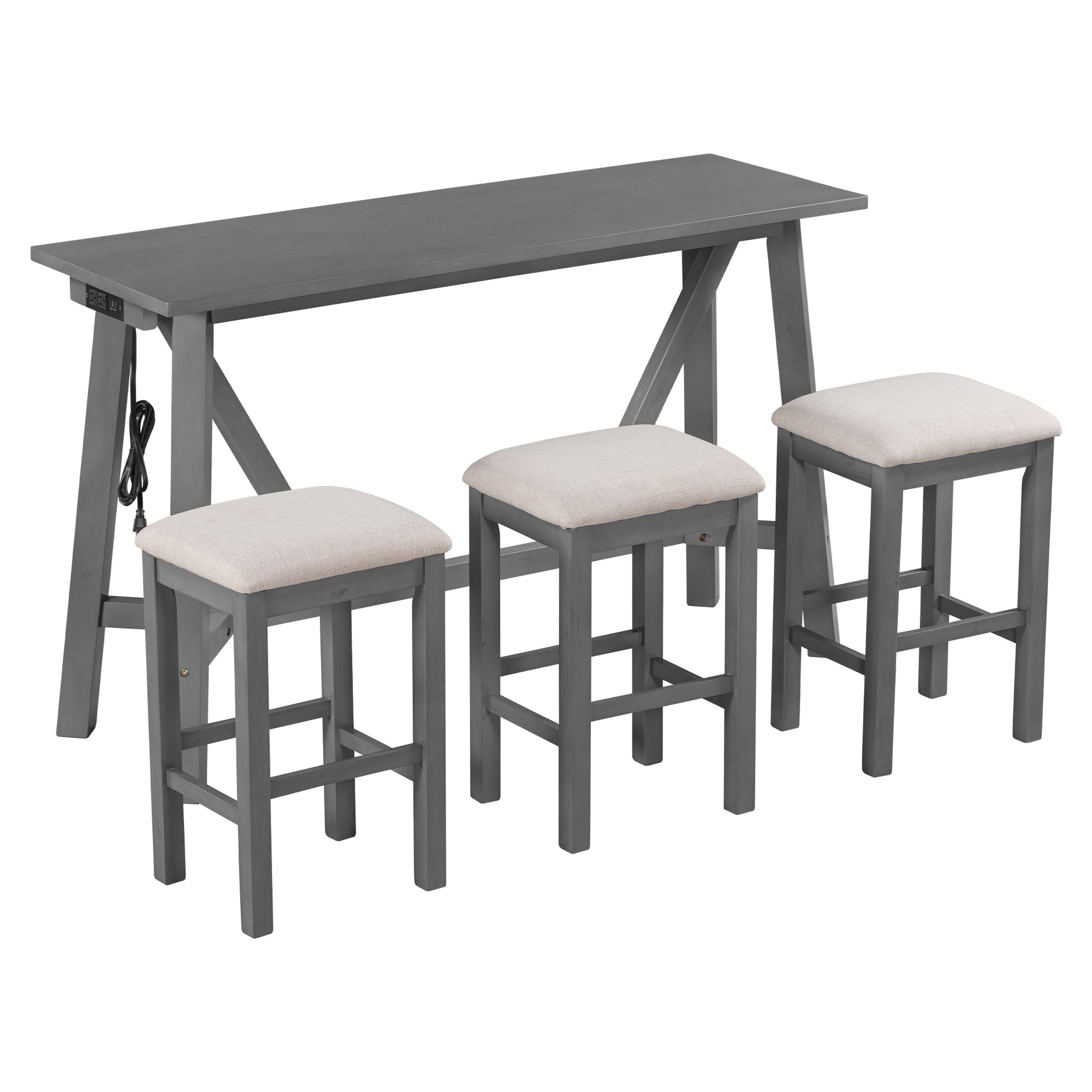 Multipurpose Home Kitchen Dining Bar Table Set With 3 Upholstered Stools Gray Gray Rubber Wood