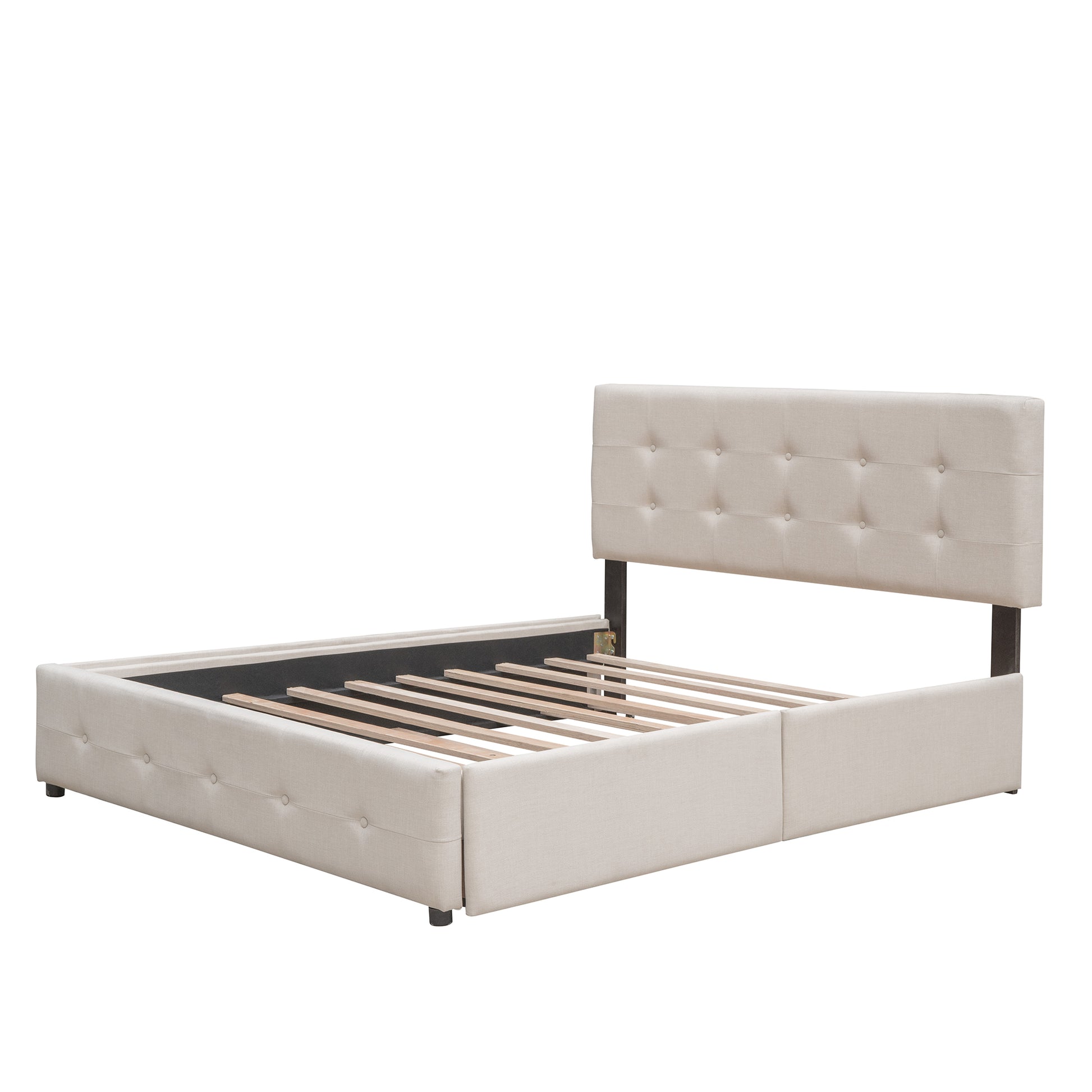 Upholstered Platform Bed With 2 Drawers And 1 Twin Xl Trundle, Linen Fabric, Queen Size Dark Beige Old Sku :Lp000314Aaa Beige Upholstered