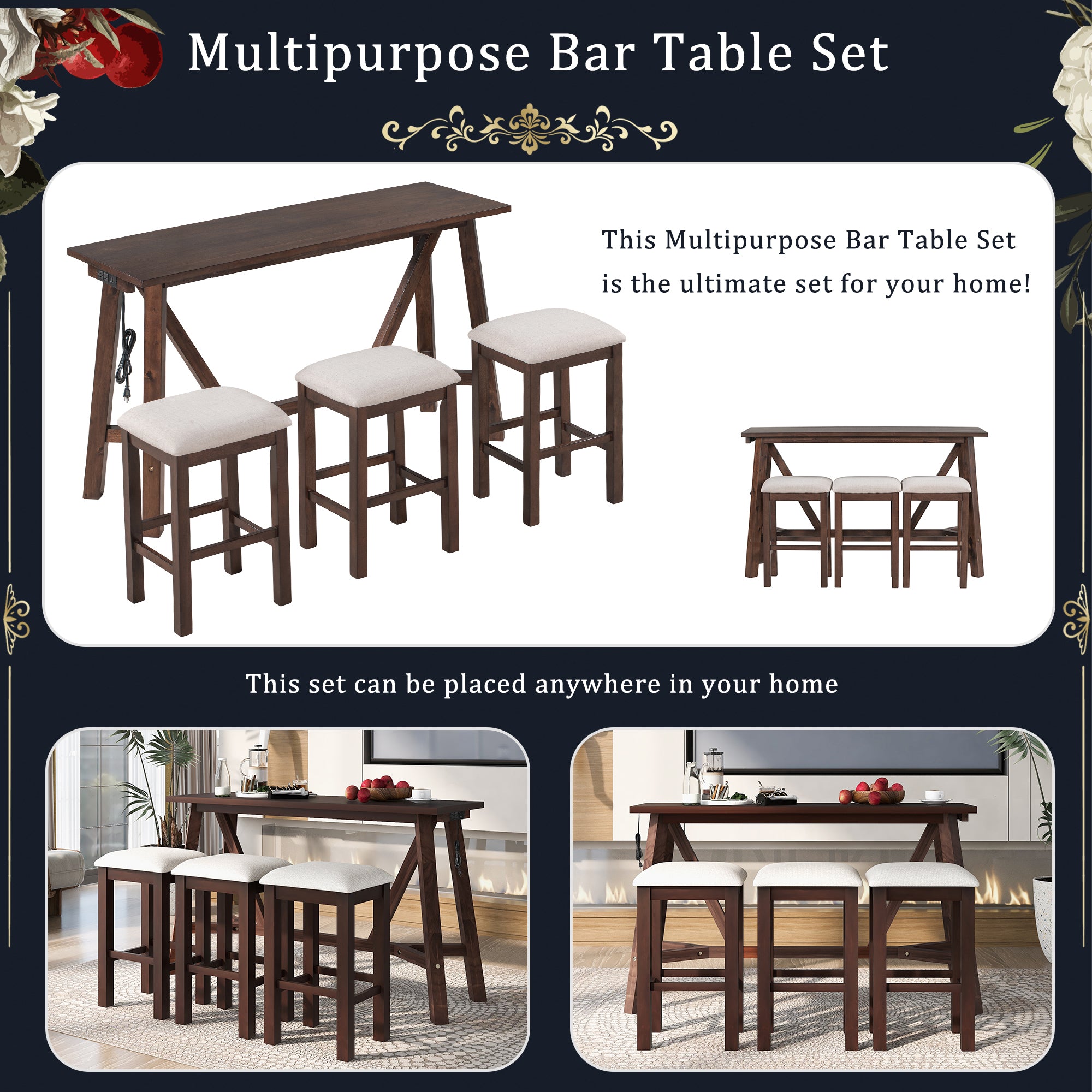 Multipurpose Home Kitchen Dining Bar Table Set walnut-rubber wood