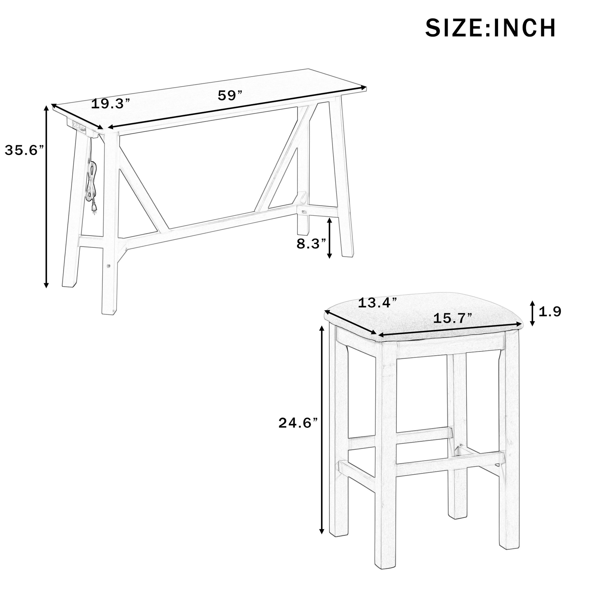 Multipurpose Home Kitchen Dining Bar Table Set With 3 Upholstered Stools Gray Gray Rubber Wood