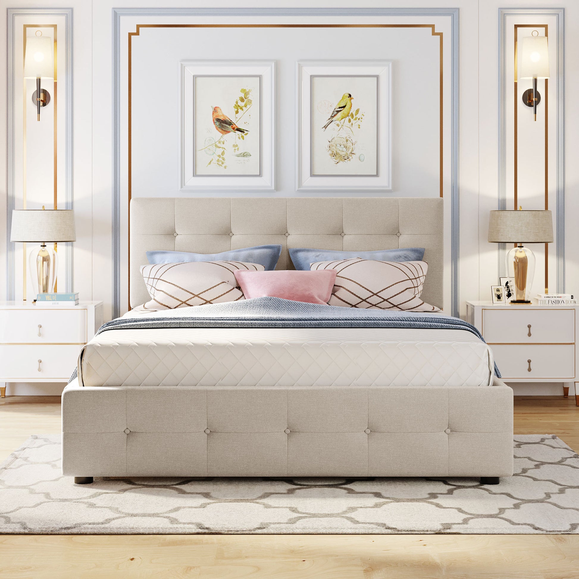 Upholstered Platform Bed With 2 Drawers And 1 Twin Xl Trundle, Linen Fabric, Queen Size Dark Beige Old Sku :Lp000314Aaa Beige Upholstered