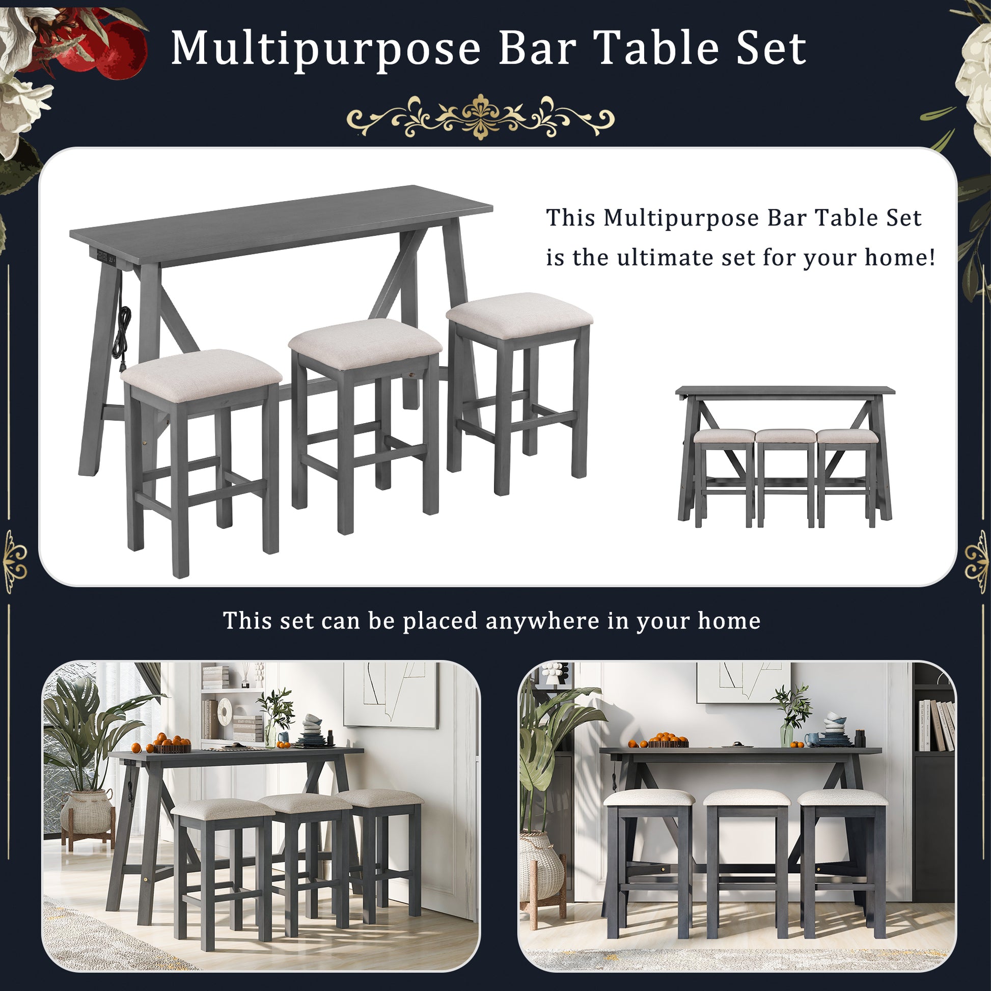 Multipurpose Home Kitchen Dining Bar Table Set With 3 Upholstered Stools Gray Gray Rubber Wood