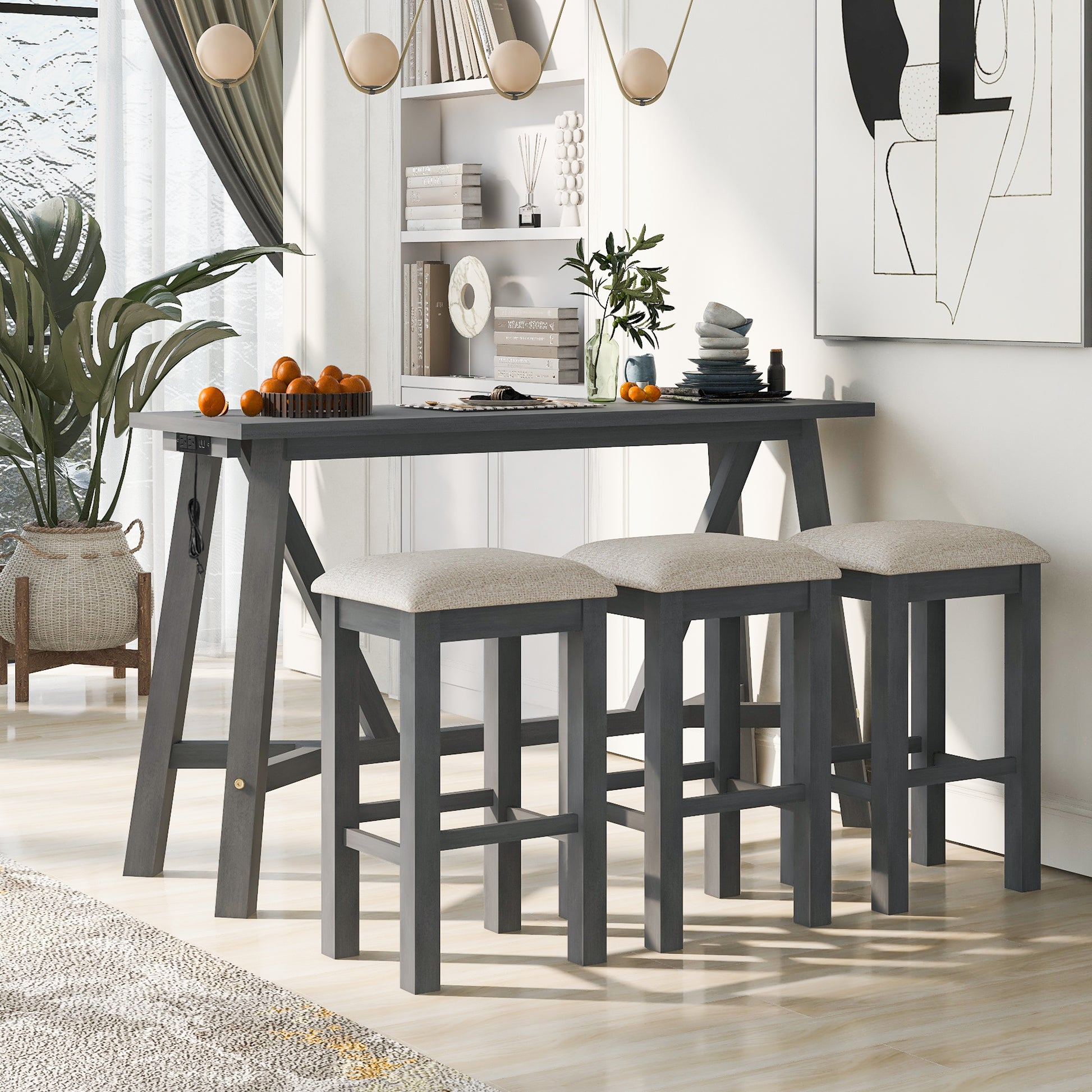 Multipurpose Home Kitchen Dining Bar Table Set With 3 Upholstered Stools Gray Gray Rubber Wood