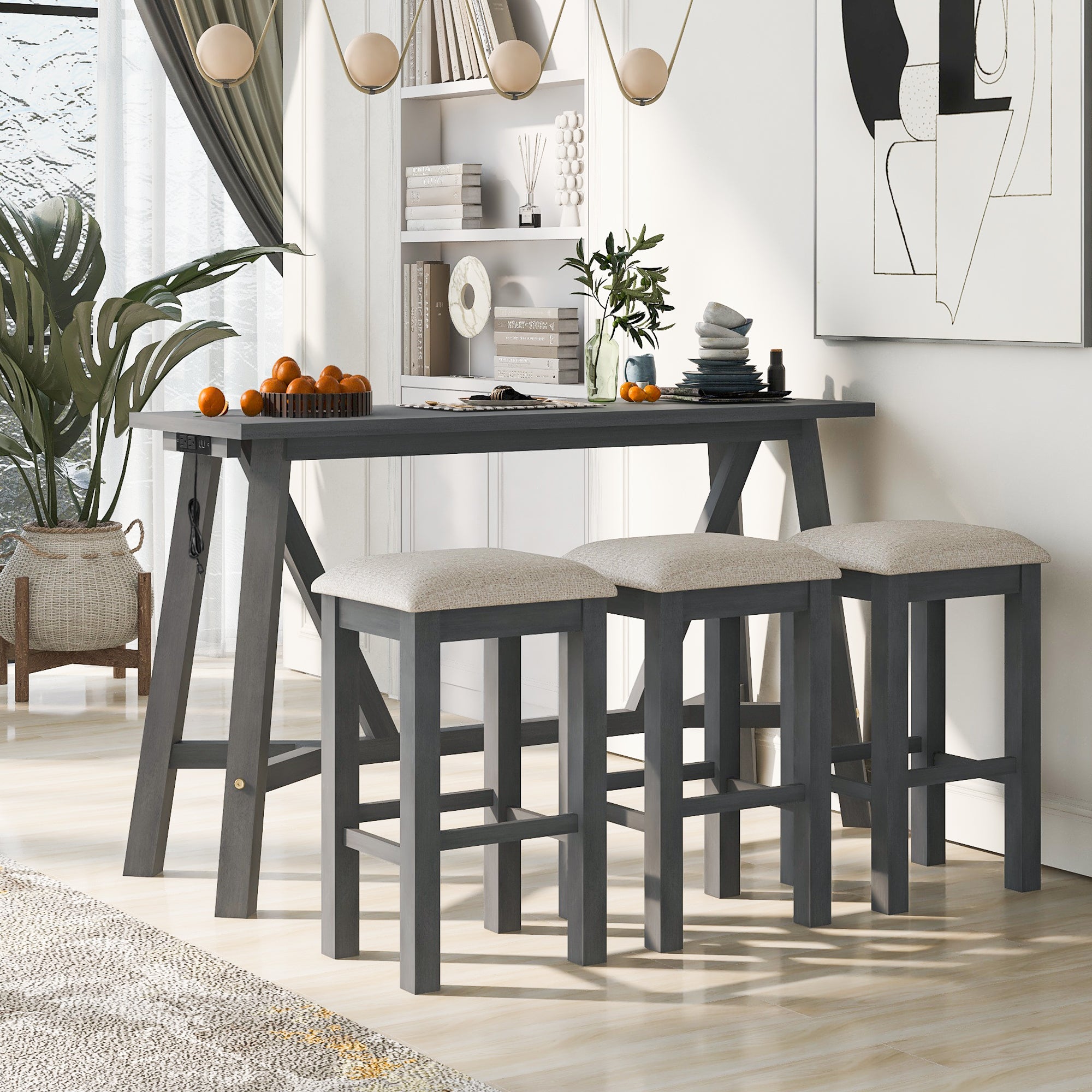 Multipurpose Home Kitchen Dining Bar Table Set gray-rubber wood
