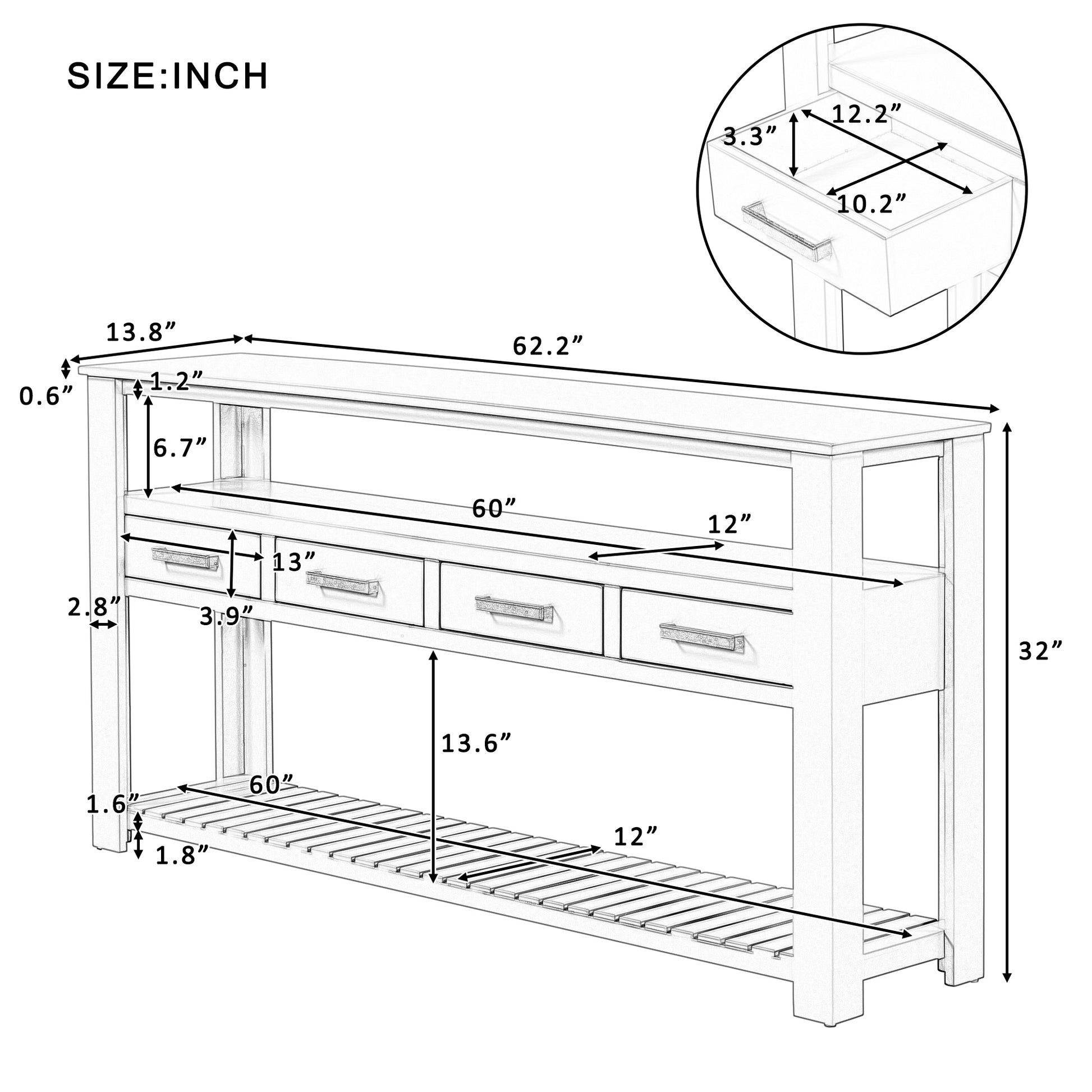 62.2'' Modern Console Table Sofa Table For Living Room With 4 Drawers And 2 Shelves Black Solid Wood Mdf