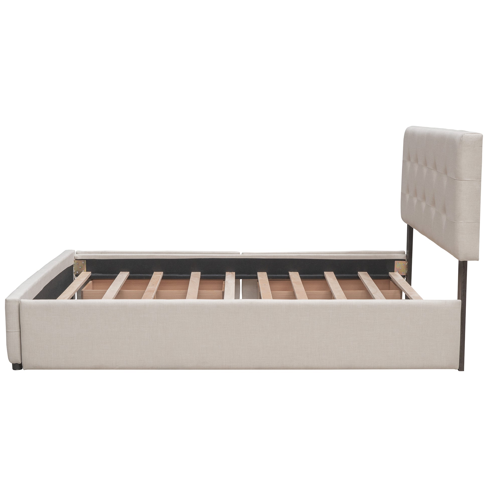 Upholstered Platform Bed With 2 Drawers And 1 Twin Xl Trundle, Linen Fabric, Queen Size Dark Beige Old Sku :Lp000314Aaa Beige Upholstered