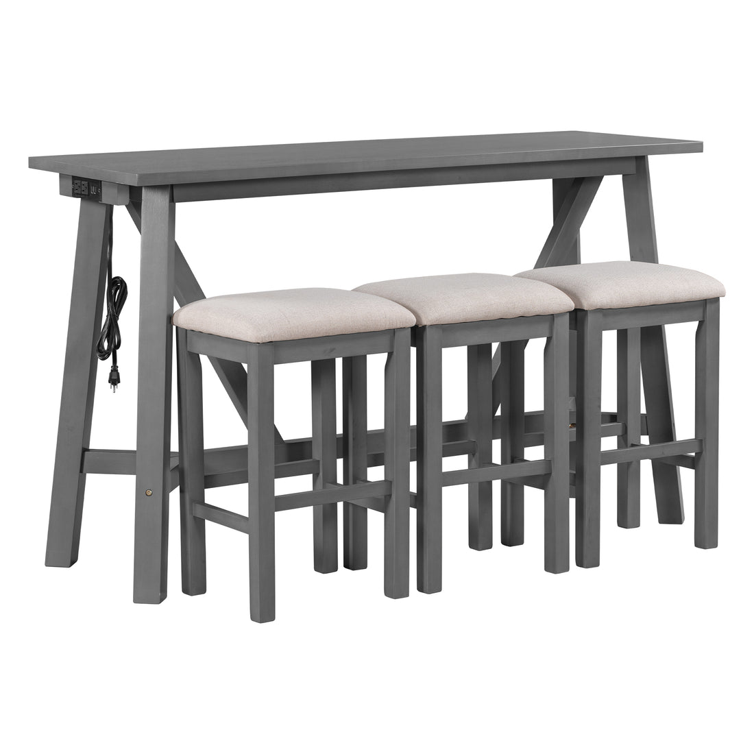 Multipurpose Home Kitchen Dining Bar Table Set With 3 Upholstered Stools Gray Gray Rubber Wood