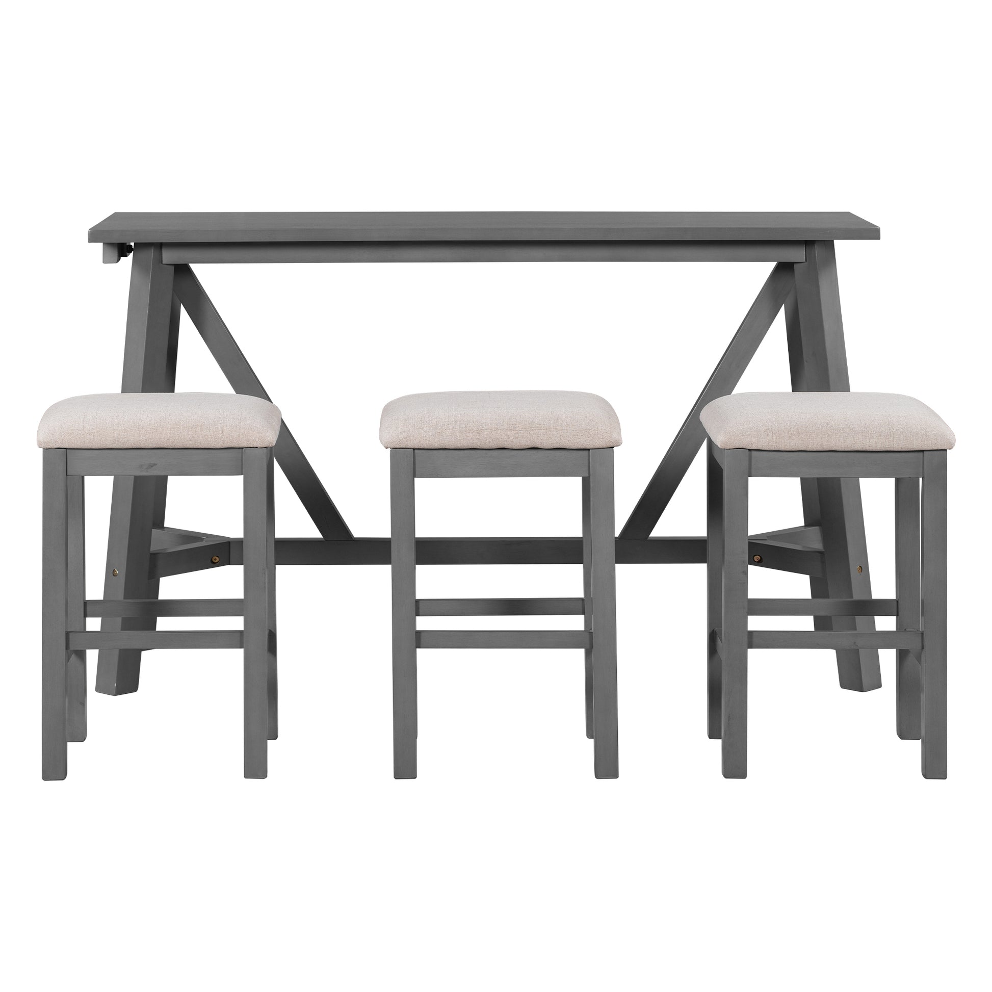 Multipurpose Home Kitchen Dining Bar Table Set With 3 Upholstered Stools Gray Gray Rubber Wood