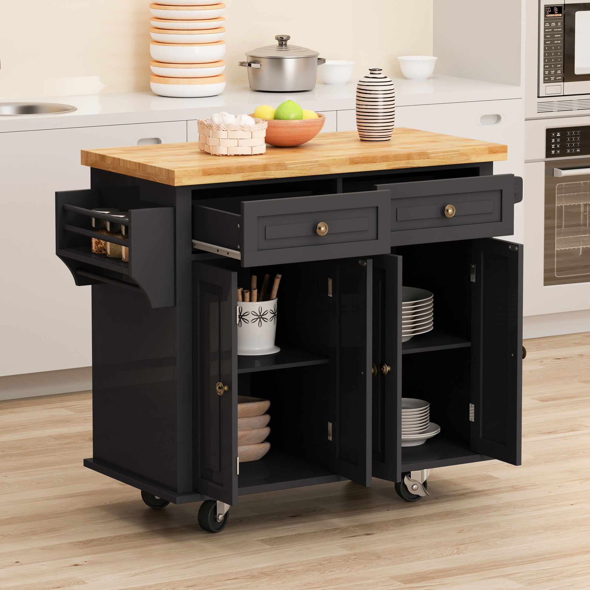 Kitchen Island Cart with Two Storage Cabinets and Two black-mdf