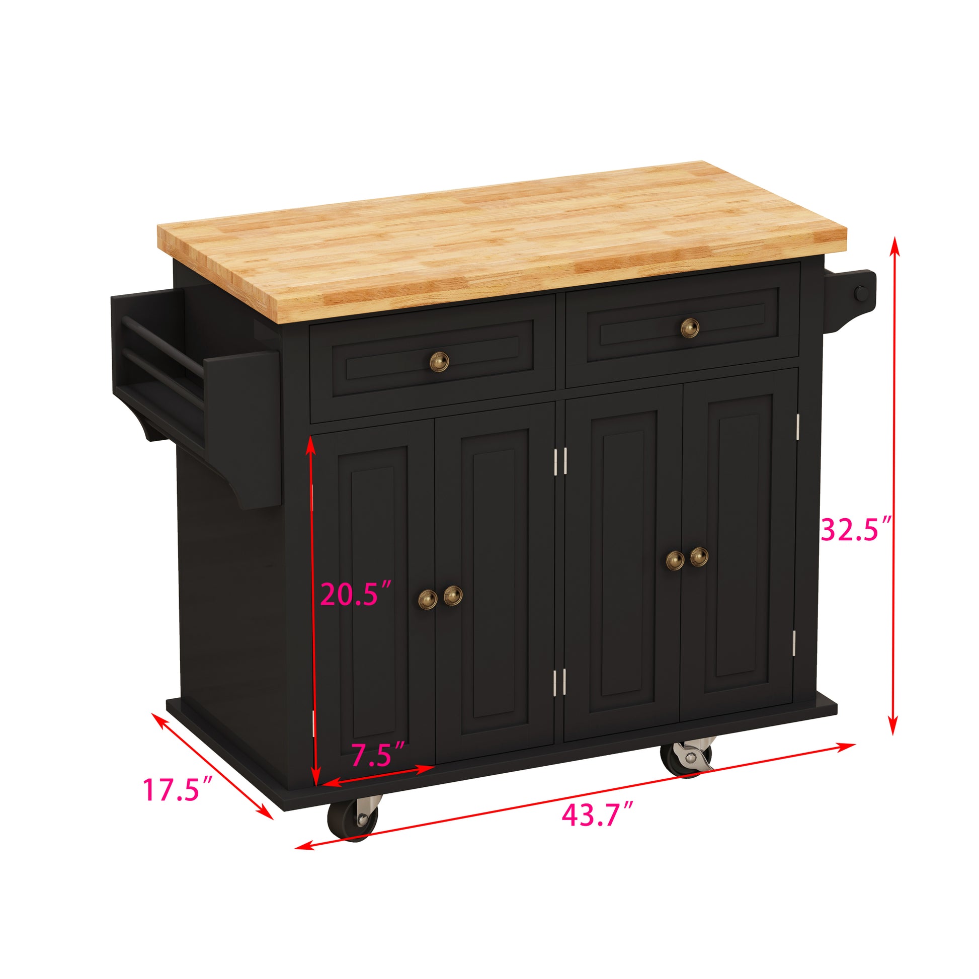 Kitchen Island Cart With Two Storage Cabinets And Two Locking Wheels,43.31 Inch Width,4 Door Cabinet And Two Drawers,Spice Rack, Towel Rack Black Black Mdf