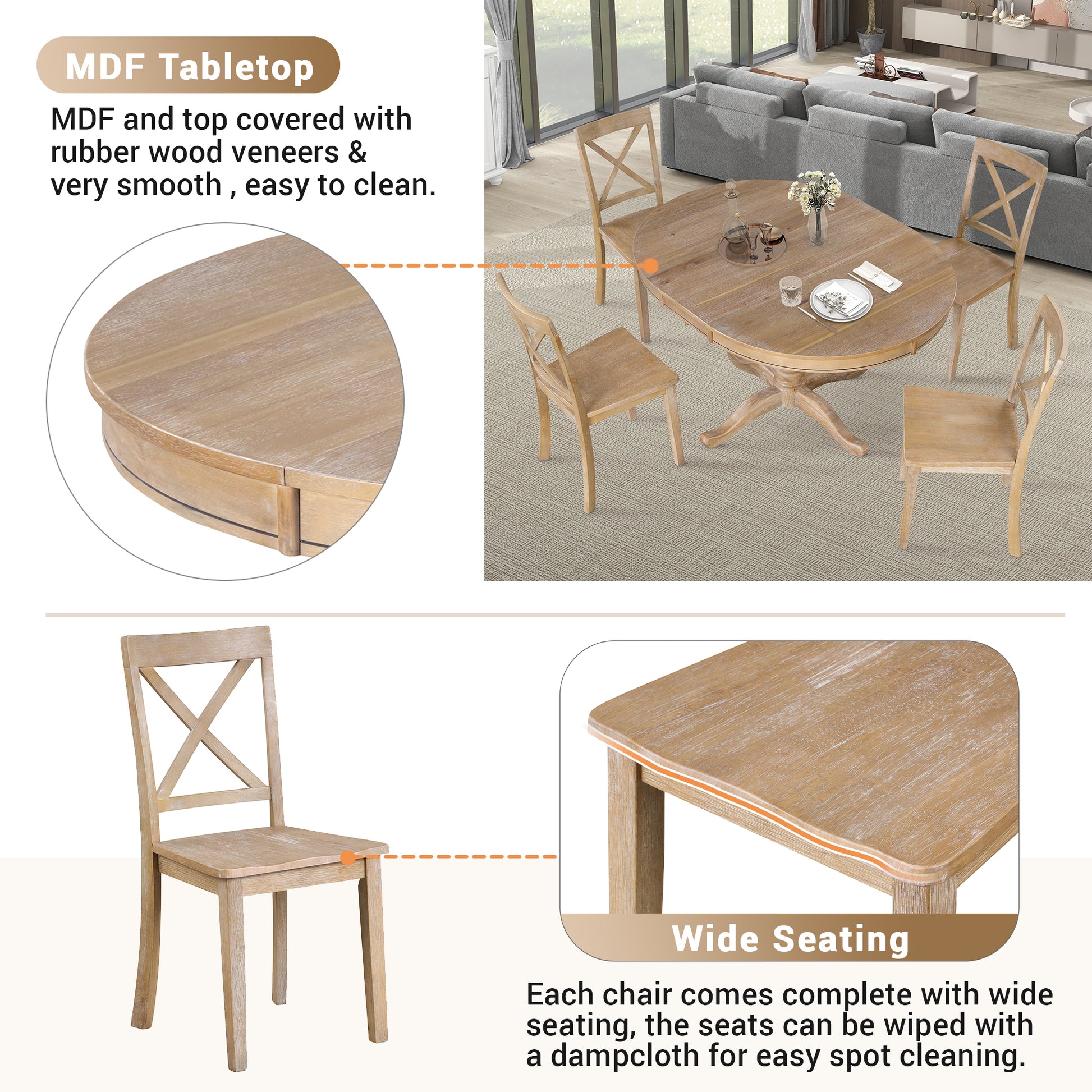 Modern Dining Table Set For 4,Round Table And 4 Kitchen Room Chairs,5 Piece Kitchen Table Set For Dining Room,Dinette,Breakfast Nook,Natural Wood Wash Natural Wood Wash Mdf Solid Wood Mdf