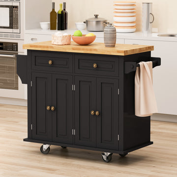 Kitchen Island Cart With Two Storage Cabinets And Two Locking Wheels,43.31 Inch Width,4 Door Cabinet And Two Drawers,Spice Rack, Towel Rack Black Black Mdf