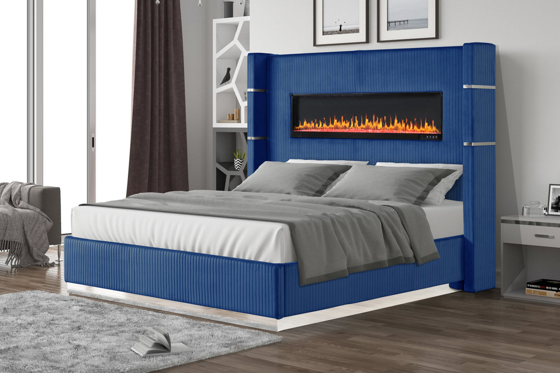 Lizelle Modern Style Upholstery Queen 4 Piece Includes: Queen Size Bed, Nightstanddresser, And Mirror Fireplace Bedroom Set Made With Wood In Blue Box Spring Required Queen Blue Wood 4 Piece Set Bedroom Bed Included,Dresser Included,Mirror