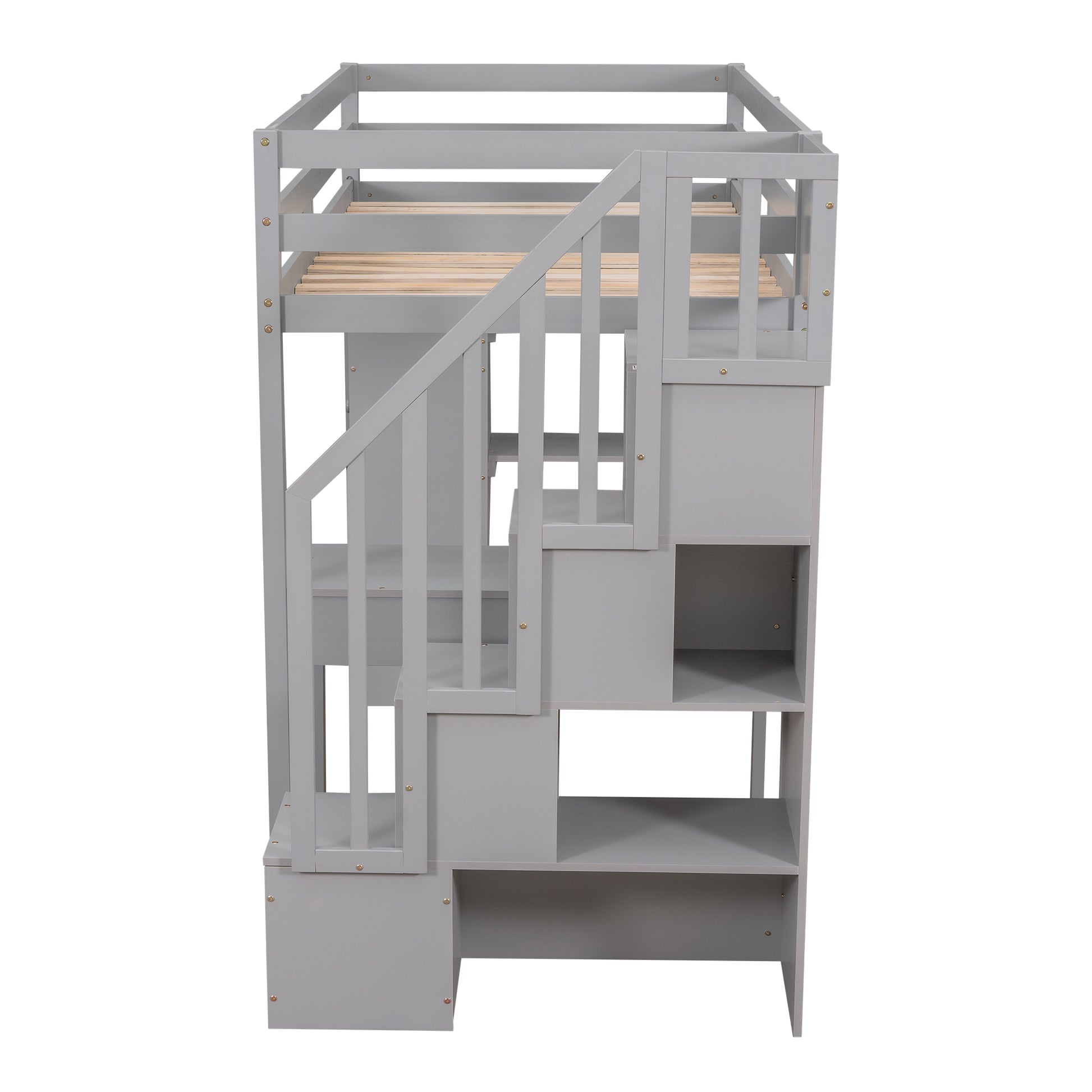 Twin Size Loft Bed With Storage Drawers ,Desk And Stairs, Wooden Loft Bed With Shelves Gray Gray Solid Wood