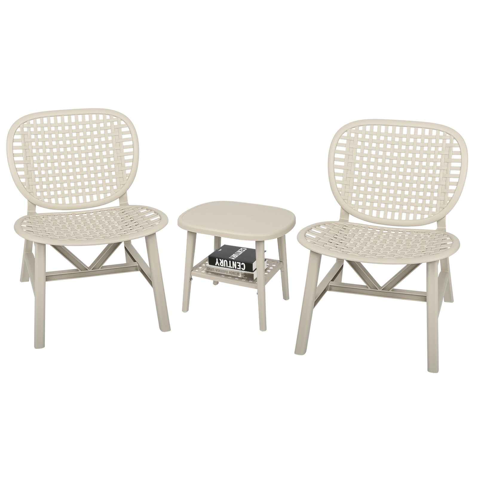 3 Pieces Hollow Design Retro Patio Table Chair Set All Weather Conversation Bistro Set Outdoor Table With Open Shelf And Lounge Chairs With Widened Seat For Balcony Garden Yard White White Polypropylene