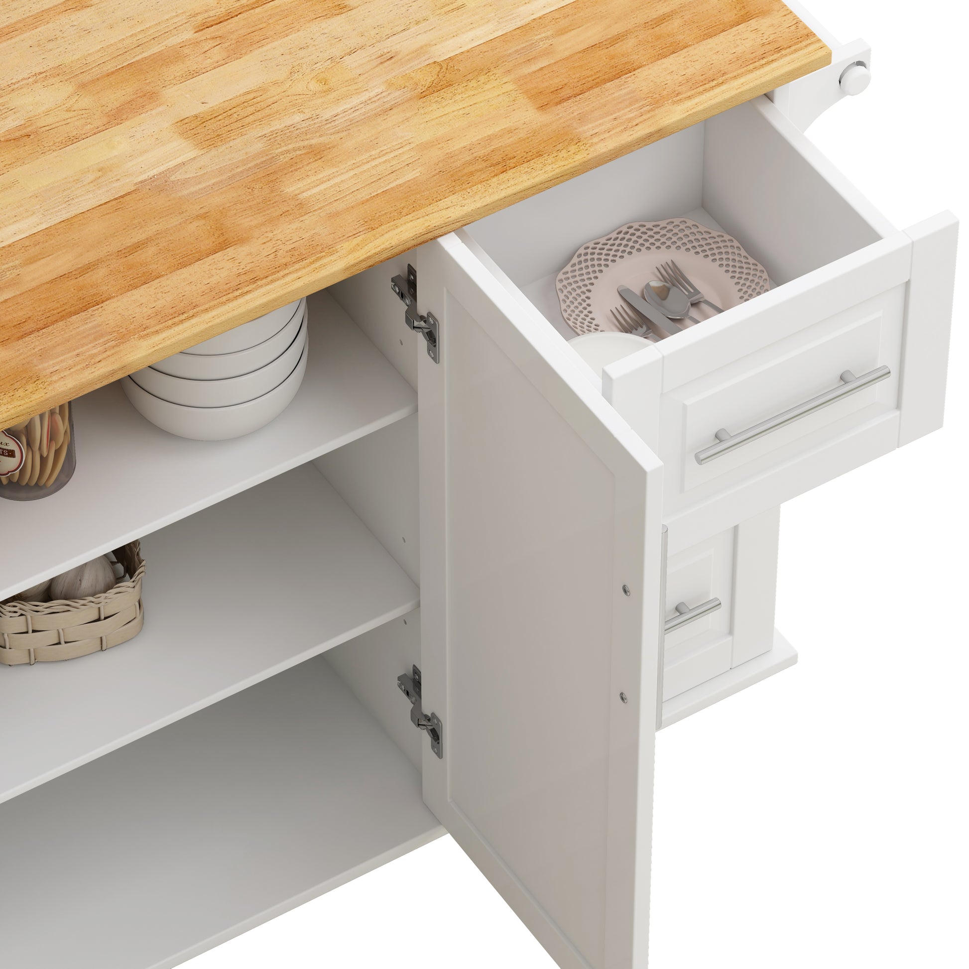 Kitchen Island Cart with 2 Door Cabinet and Three white-mdf