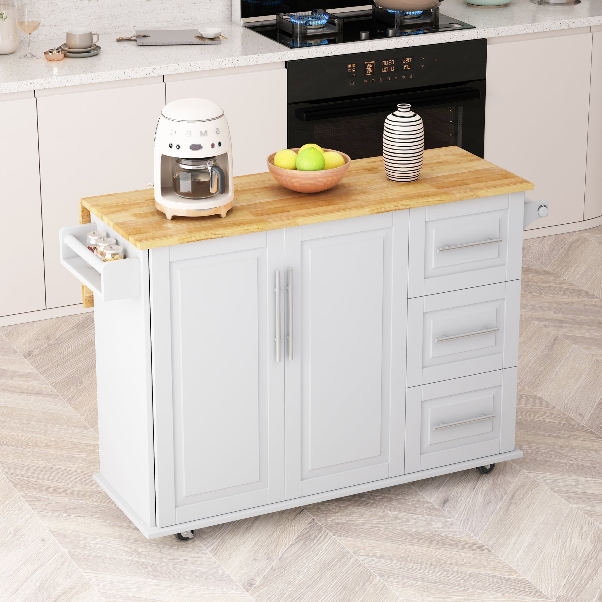 Kitchen Island Cart with 2 Door Cabinet and Three white-mdf