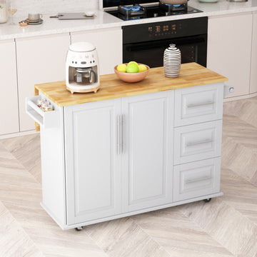 Kitchen Island Cart With 2 Door Cabinet And Three Drawers,43.31 Inch Width With Spice Rack,Towel Rack White White Mdf