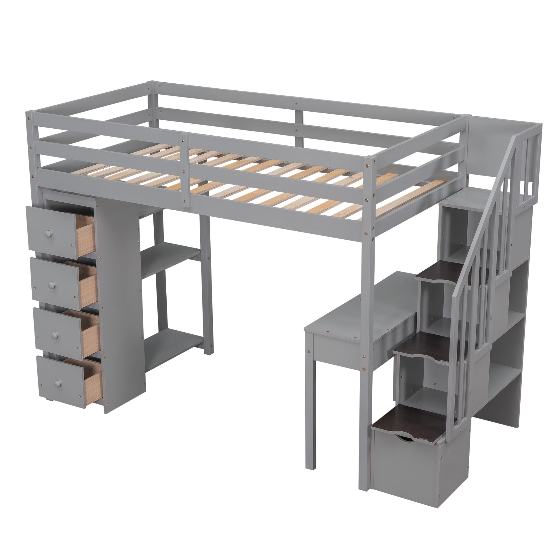 Twin Size Loft Bed With Storage Drawers ,Desk And Stairs, Wooden Loft Bed With Shelves Gray Gray Solid Wood