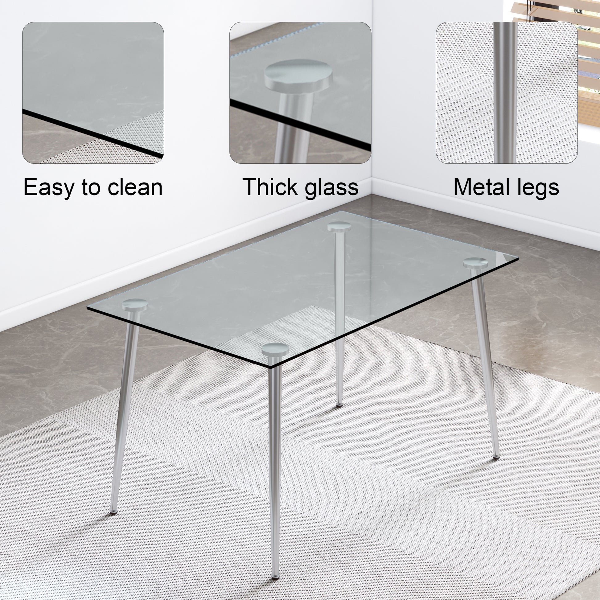 Modern Minimalist Rectangular Glass Dining Table For 4 6 With 0.31" Tempered Glass Tabletop And Silver Plating Metal Legs, Writing Table Desk, For Kitchen Dining Living Room, 51" *31"* 30" .F 1544 Transparent Seats 4 Glass