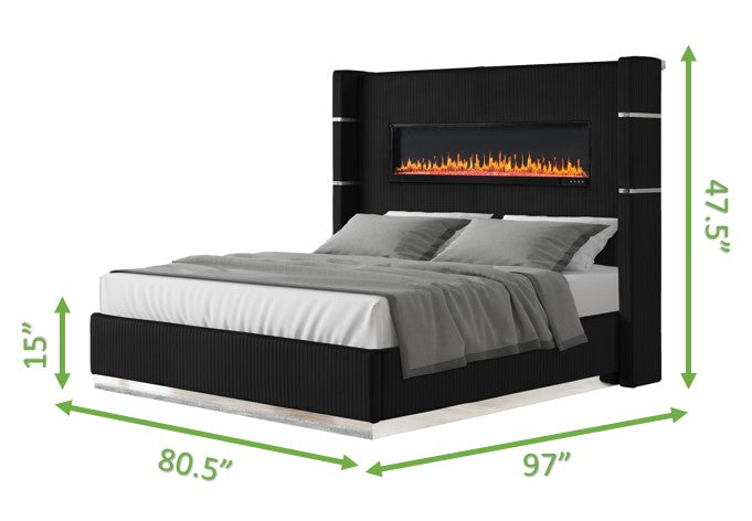 Upholstery Wooden King 4 Pc Bedroom Set With Ambient Lighting In Black Velvet Finish Box Spring Required King Black Wood 4 Piece Set Bedroom Bed Included,Dresser Included,Mirror Included,Nightstand