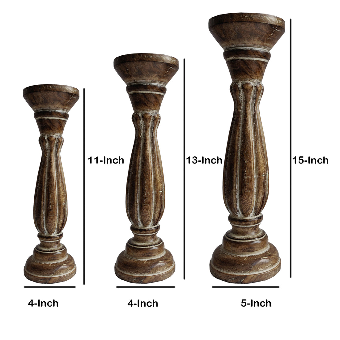 Handmade Wooden Candle Holder With Pillar Base Support, Distressed Brown, Set Of 3 Brown Solid Wood