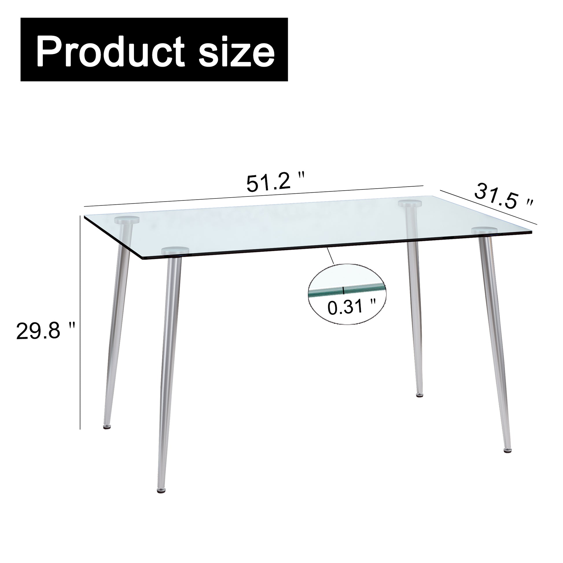 Modern Minimalist Rectangular Glass Dining Table For 4 6 With 0.31" Tempered Glass Tabletop And Silver Plating Metal Legs, Writing Table Desk, For Kitchen Dining Living Room, 51" *31"* 30" .F 1544 Transparent Seats 4 Glass