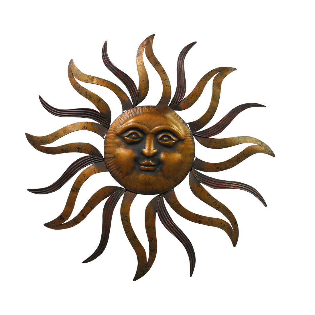 35 Inch Round Wall Mounted Sun Face Accent Decor, Carved Rustic Gold And Black Metal Gold Metal