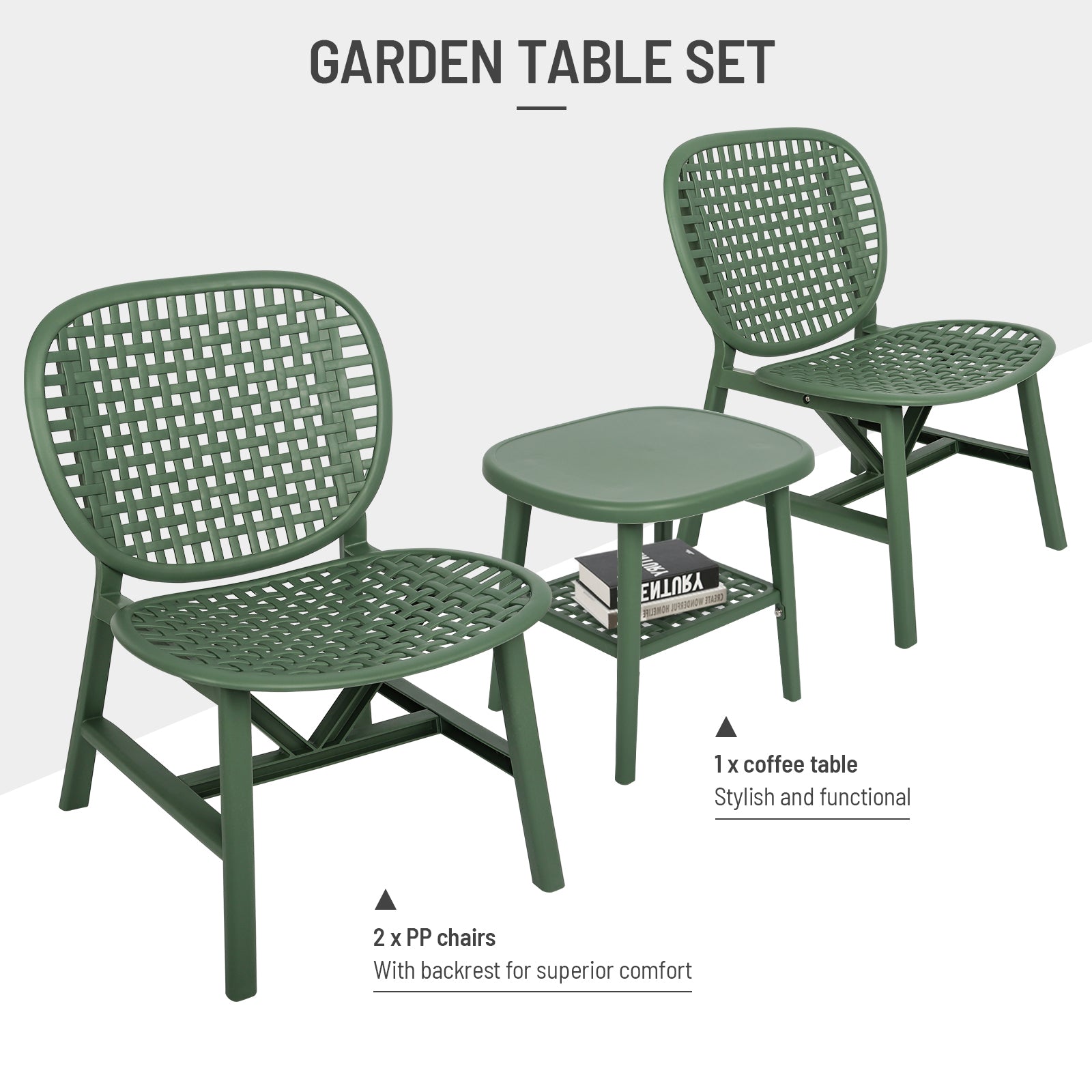 3 Pieces Hollow Design Retro Patio Table Chair Set All Weather Conversation Bistro Set Outdoor Table With Open Shelf And Lounge Chairs With Widened Seat For Balcony Garden Yard Green Green Polypropylene