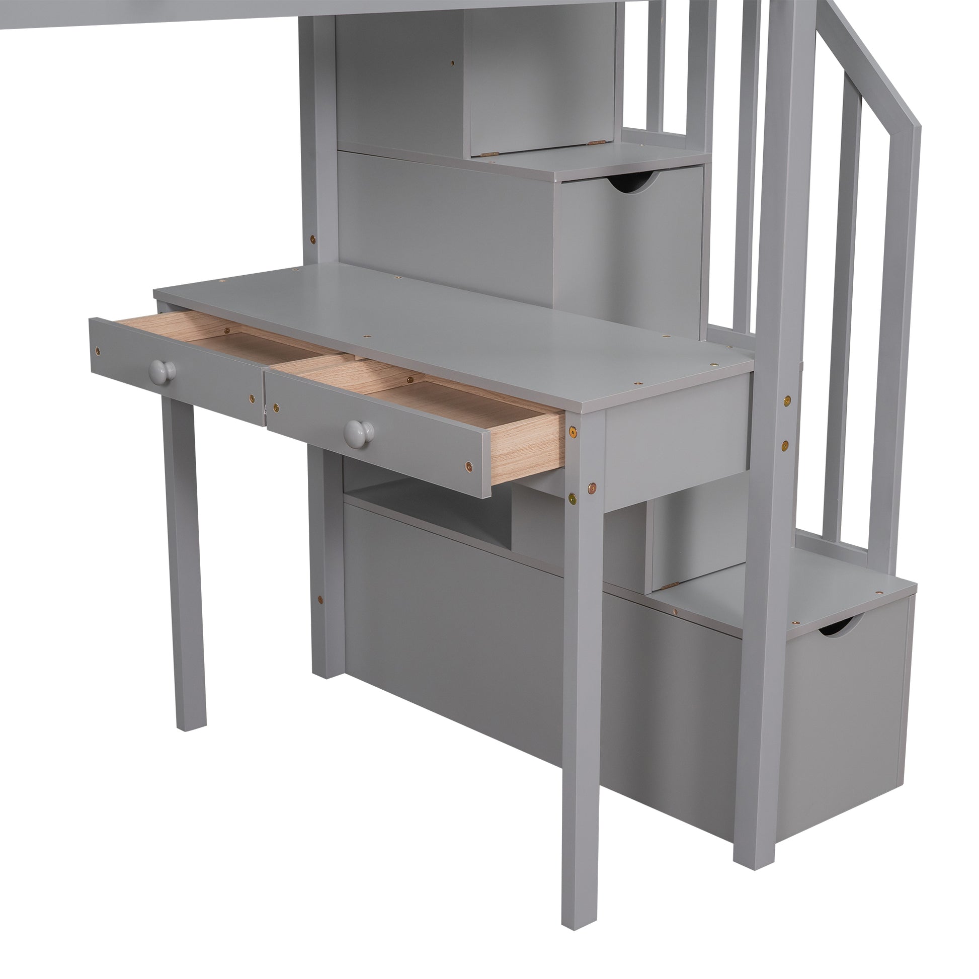 Twin Size Loft Bed With Storage Drawers ,Desk And Stairs, Wooden Loft Bed With Shelves Gray Gray Solid Wood