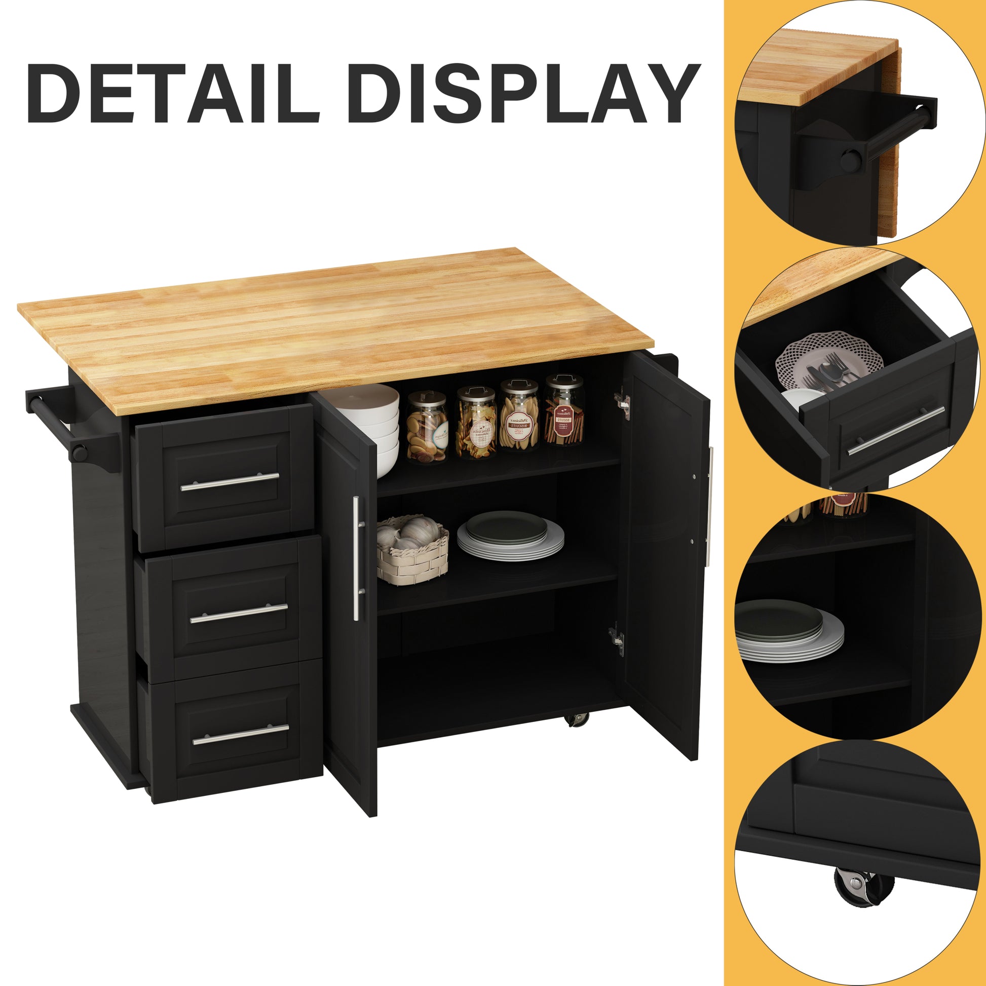 Kitchen Island Cart With 2 Door Cabinet And Three Drawers,43.31 Inch Width With Spice Rack, Towel Rack Black Black Mdf