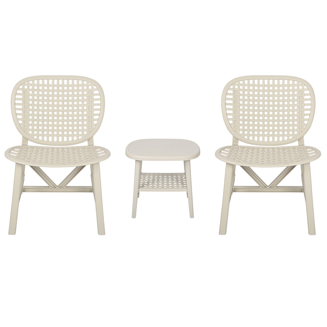 3 Pieces Hollow Design Retro Patio Table Chair Set All Weather Conversation Bistro Set Outdoor Table With Open Shelf And Lounge Chairs With Widened Seat For Balcony Garden Yard White White Polypropylene