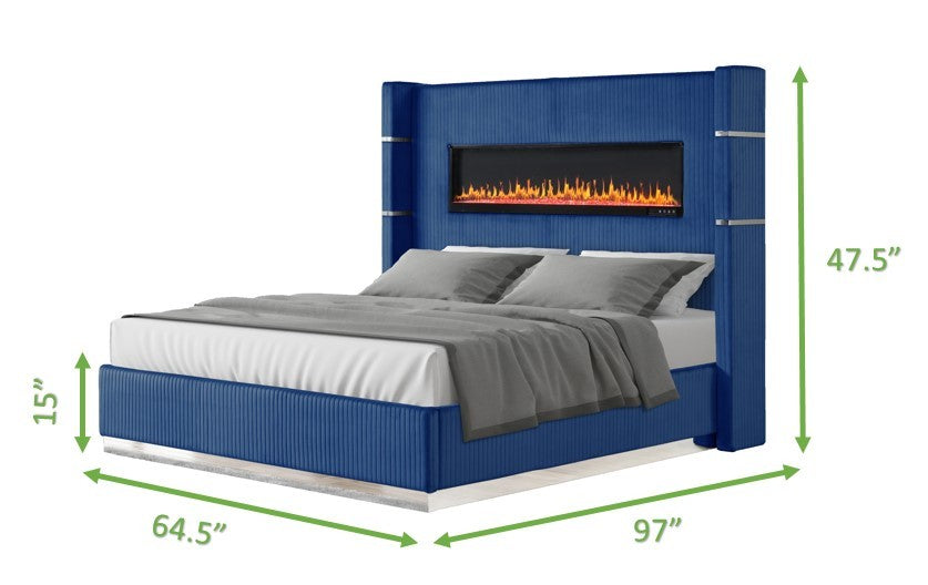 Lizelle Modern Style Upholstery Queen 4 Piece Includes: Queen Size Bed, Nightstanddresser, And Mirror Fireplace Bedroom Set Made With Wood In Blue Box Spring Required Queen Blue Wood 4 Piece Set Bedroom Bed Included,Dresser Included,Mirror