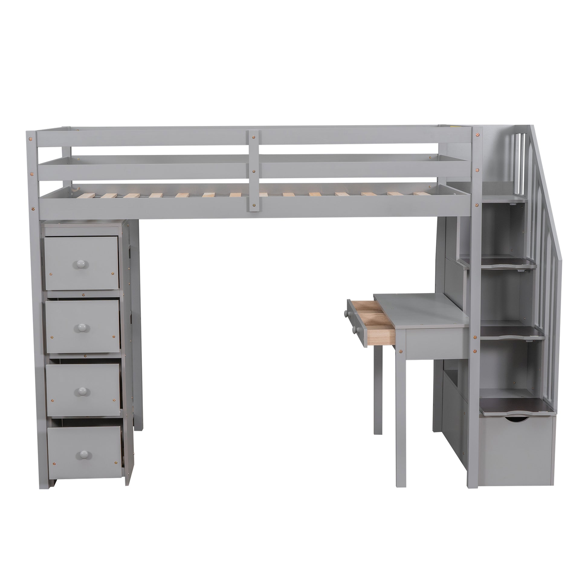 Twin Size Loft Bed With Storage Drawers ,Desk And Stairs, Wooden Loft Bed With Shelves Gray Gray Solid Wood